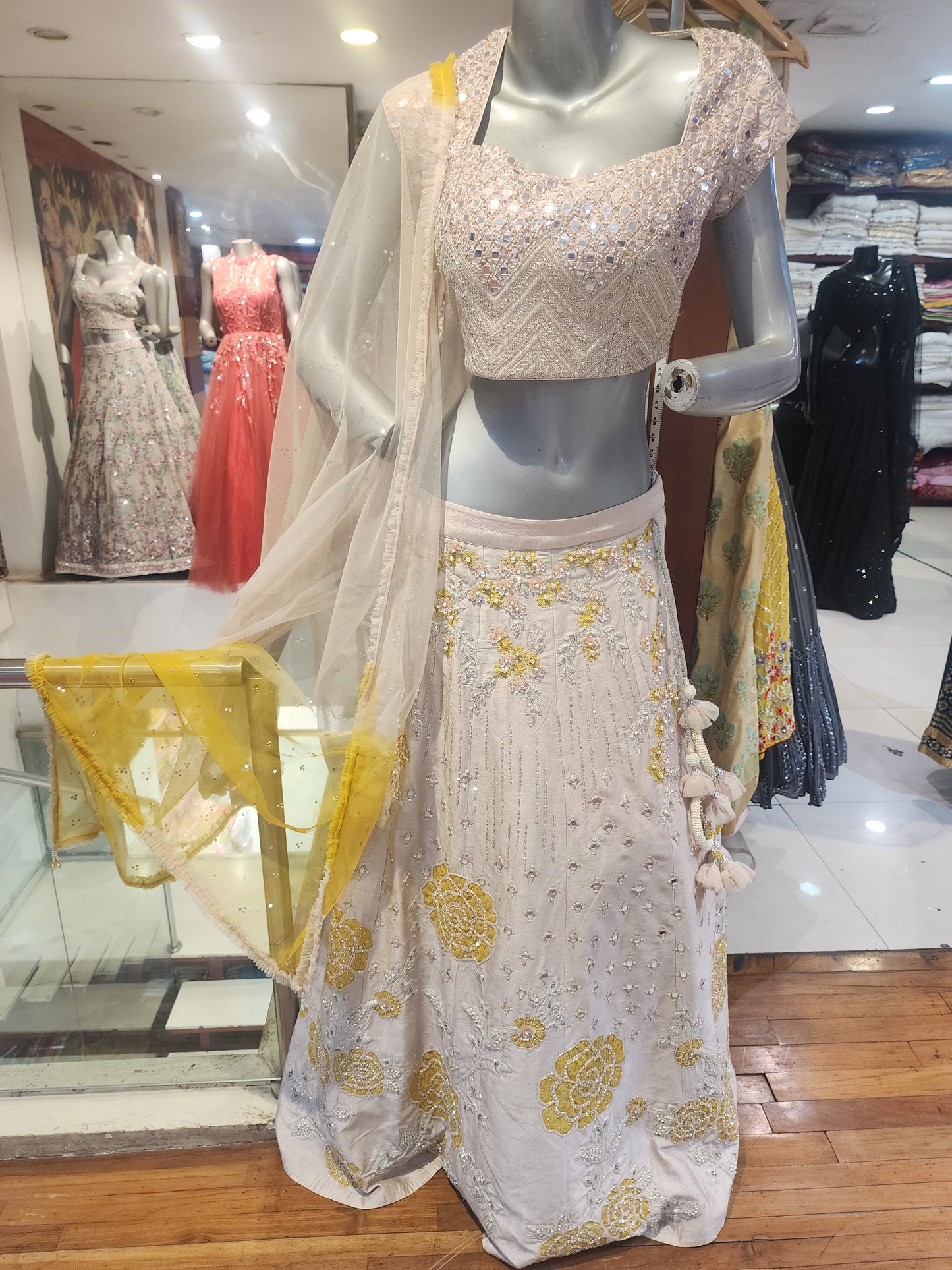Dusty pink colour lahanga resham +pearl +sequins +mirror +patch work , mirror work blouse with net dupatta