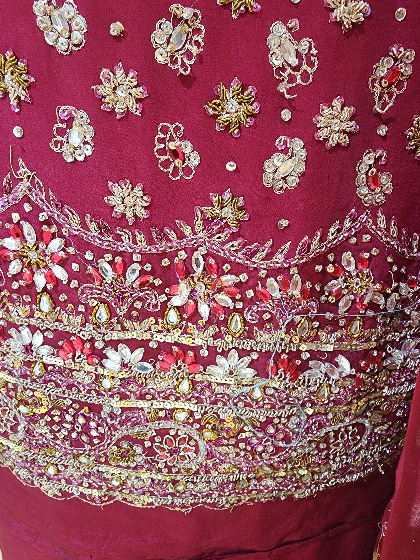 Maroon pure crepe dabka +kunden work suit with all over jaal with border Georgette dupatta