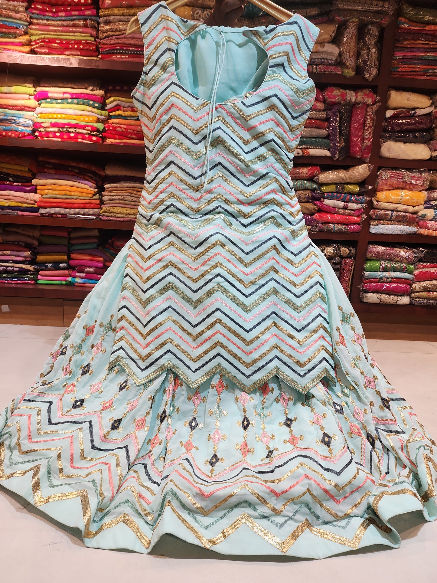 Sky blue georgette shirt with lehanga with dupatta