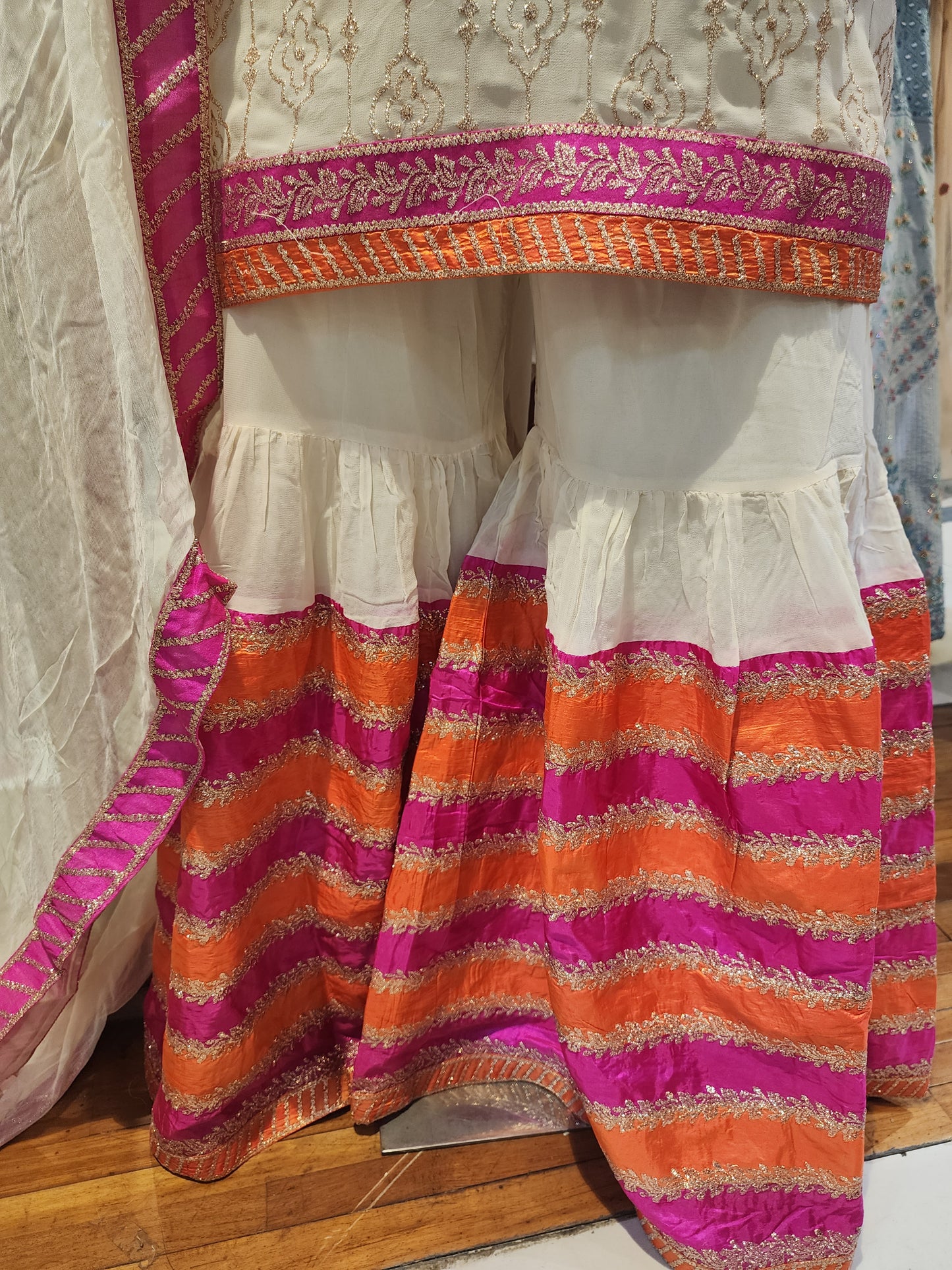 Georgette cream colour garara suit, baadla work with multicolored gararar