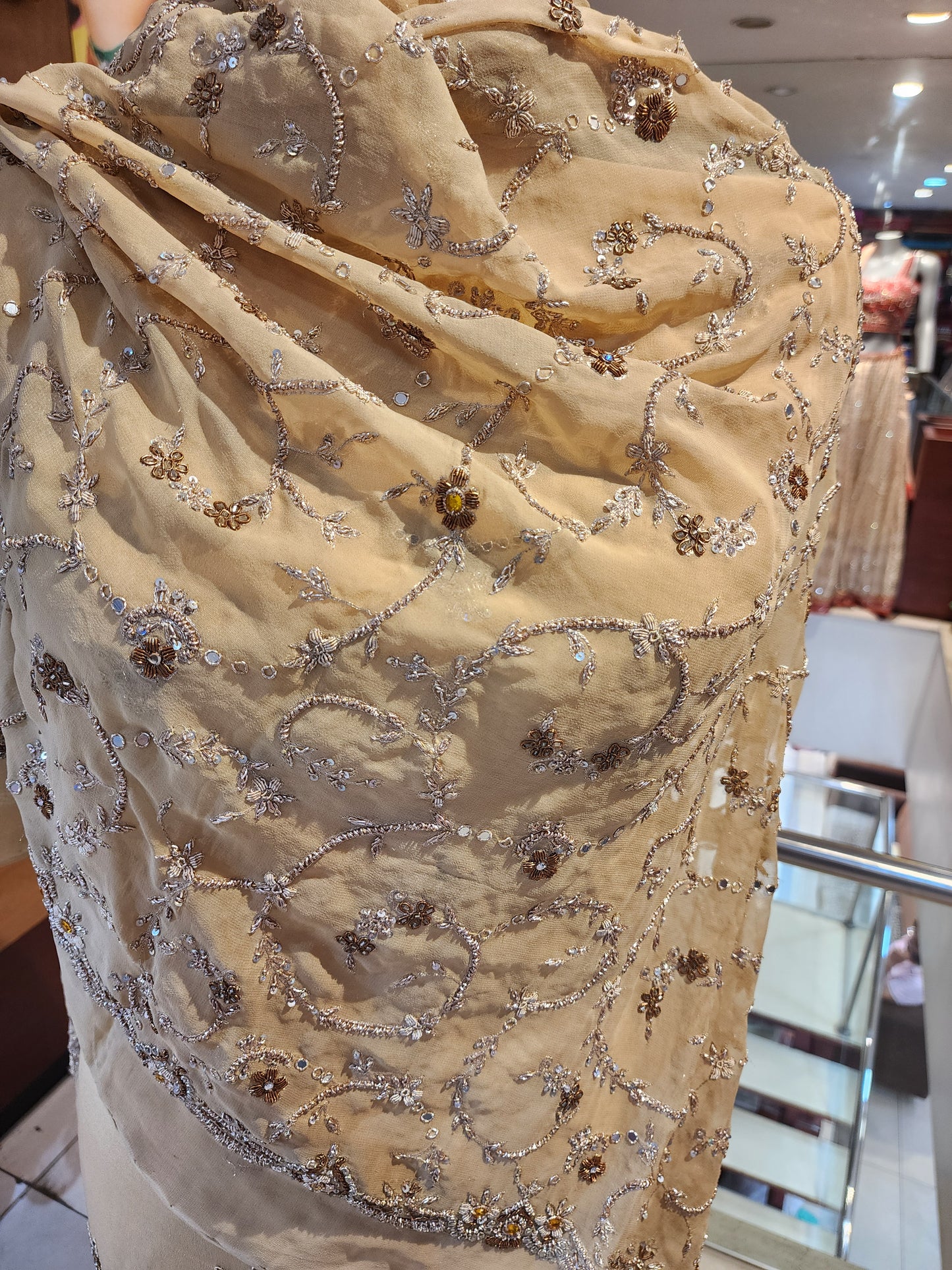 Golden pure crepe dabka work suit with heavy jaal work dupatta