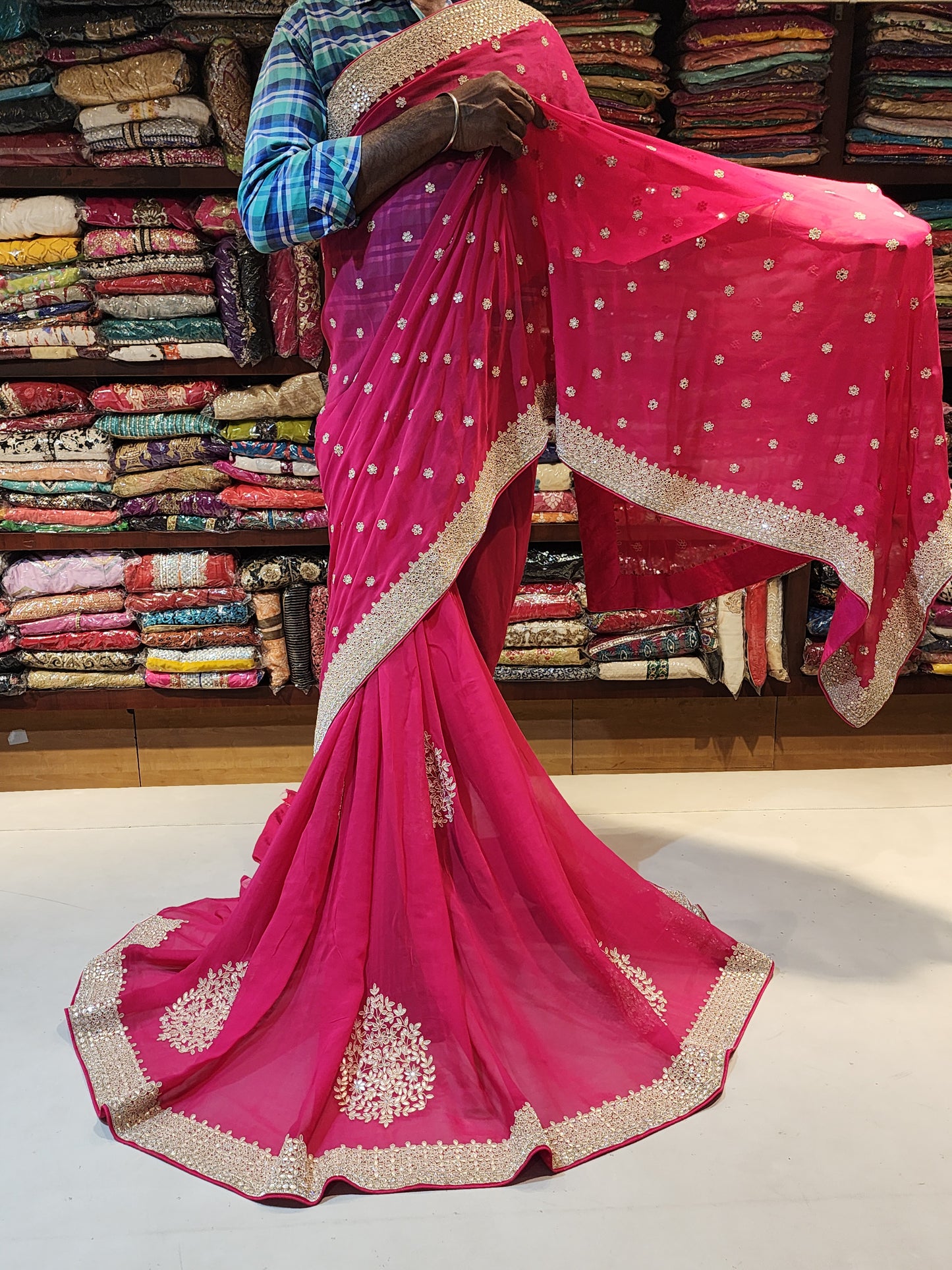 Hot pink Pure Georgette saree jaipuri work gotta patti