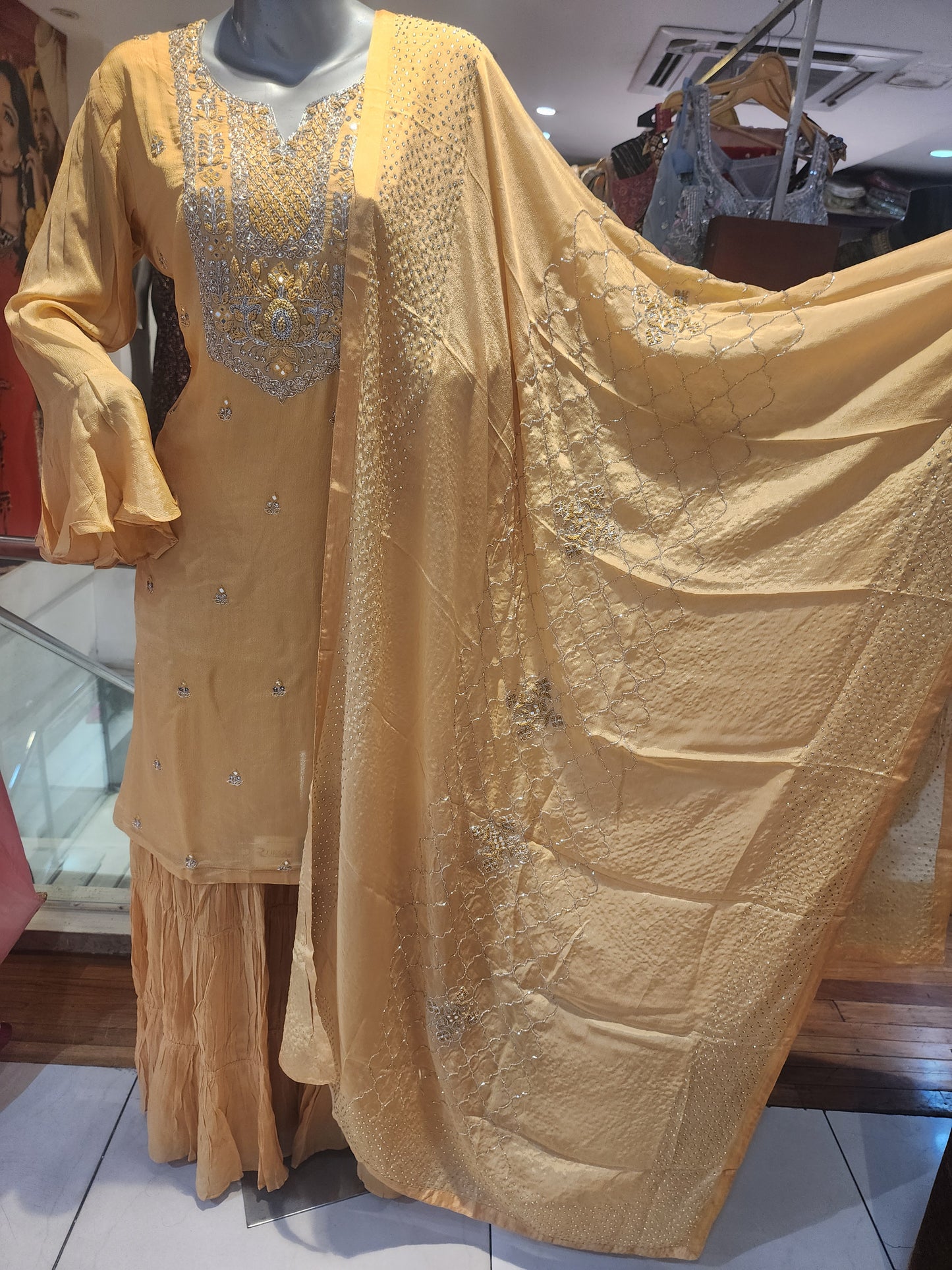 Mustard colour chinon suit , resham + cut dana + servowski work , garara suit