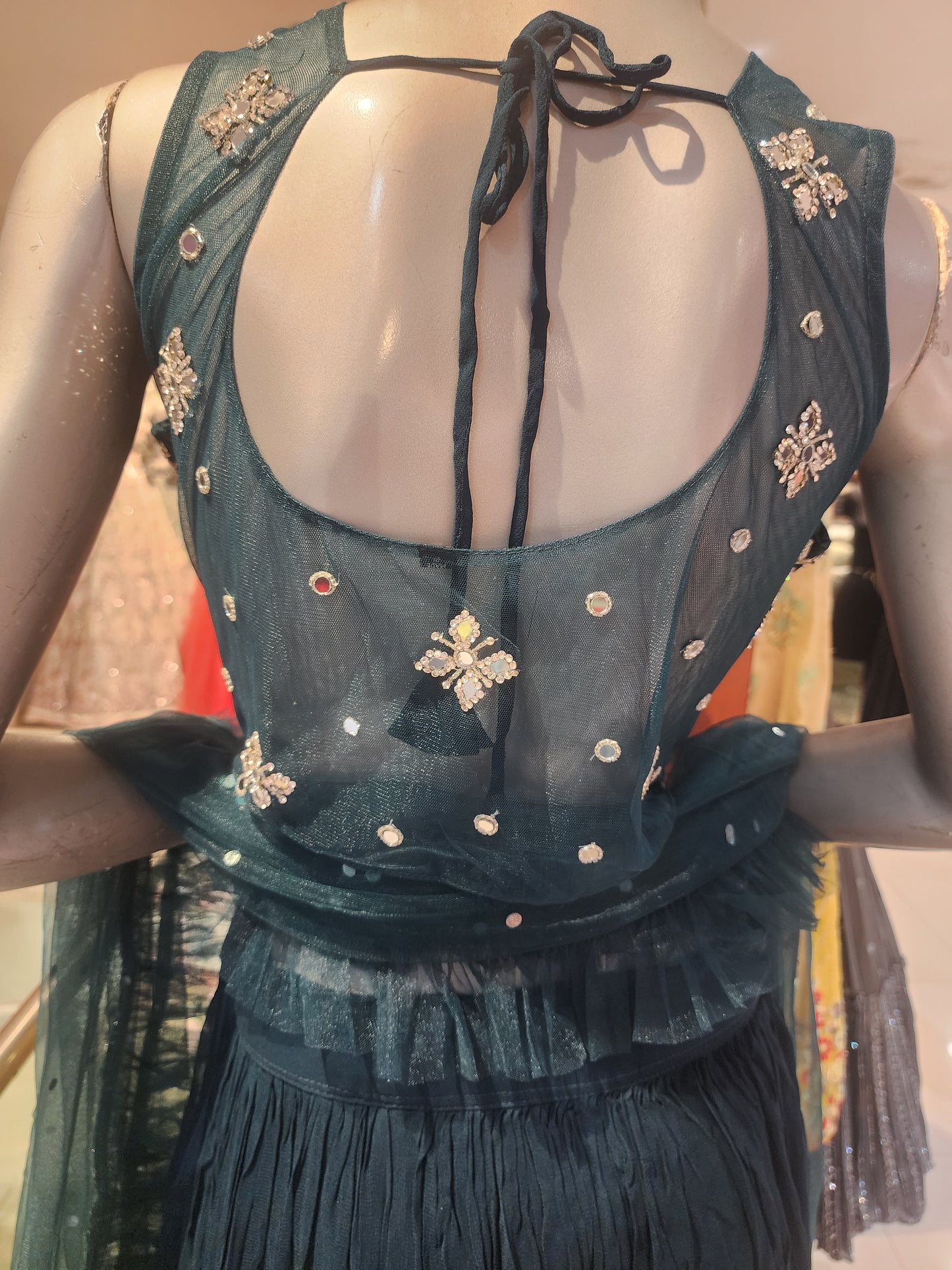 Rama Green georgette sequins lehanga with mirror+cut dana +servowski work blouse with net dupatta