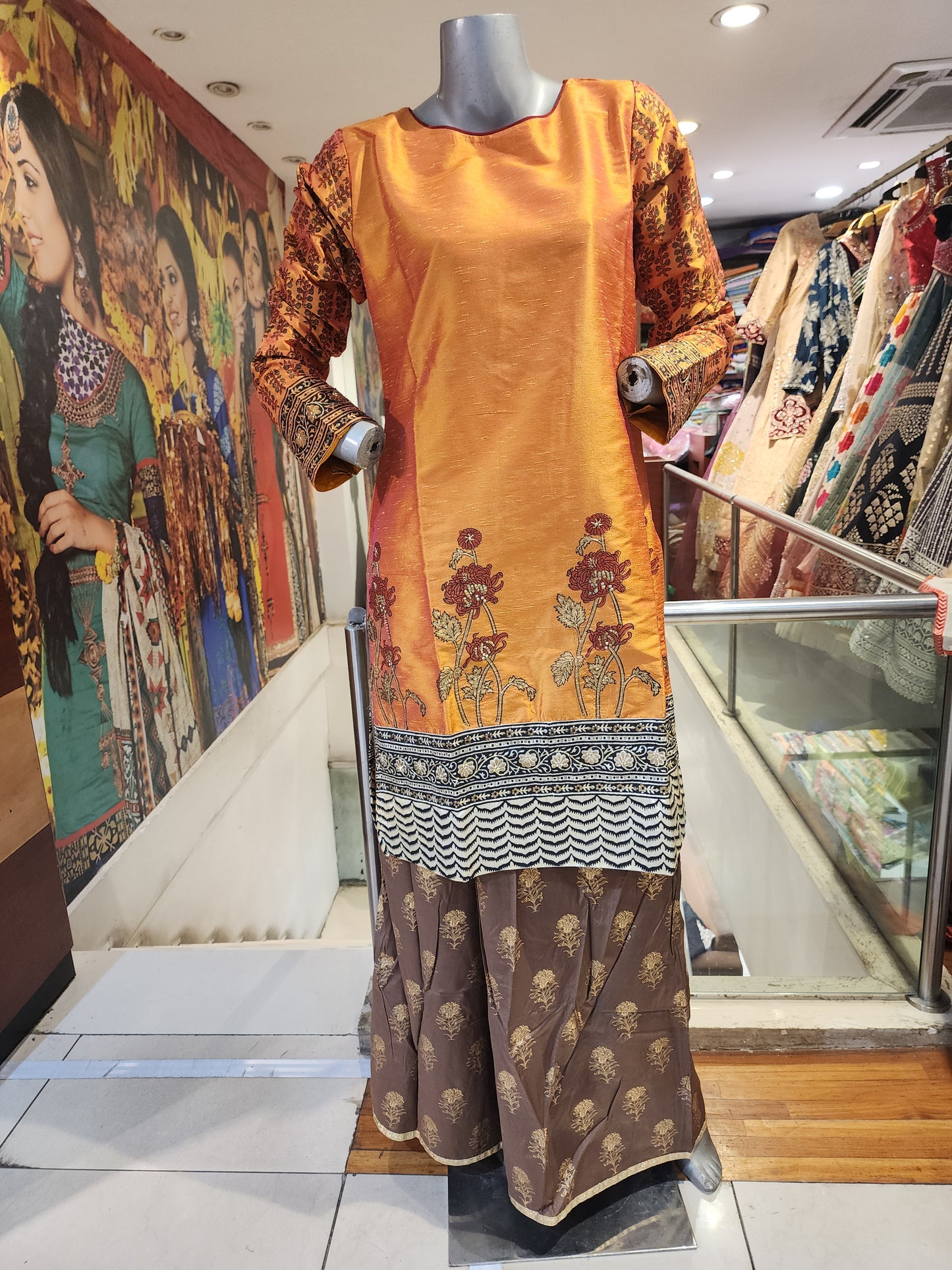 Orange cotton raw silk readymade suit sharara