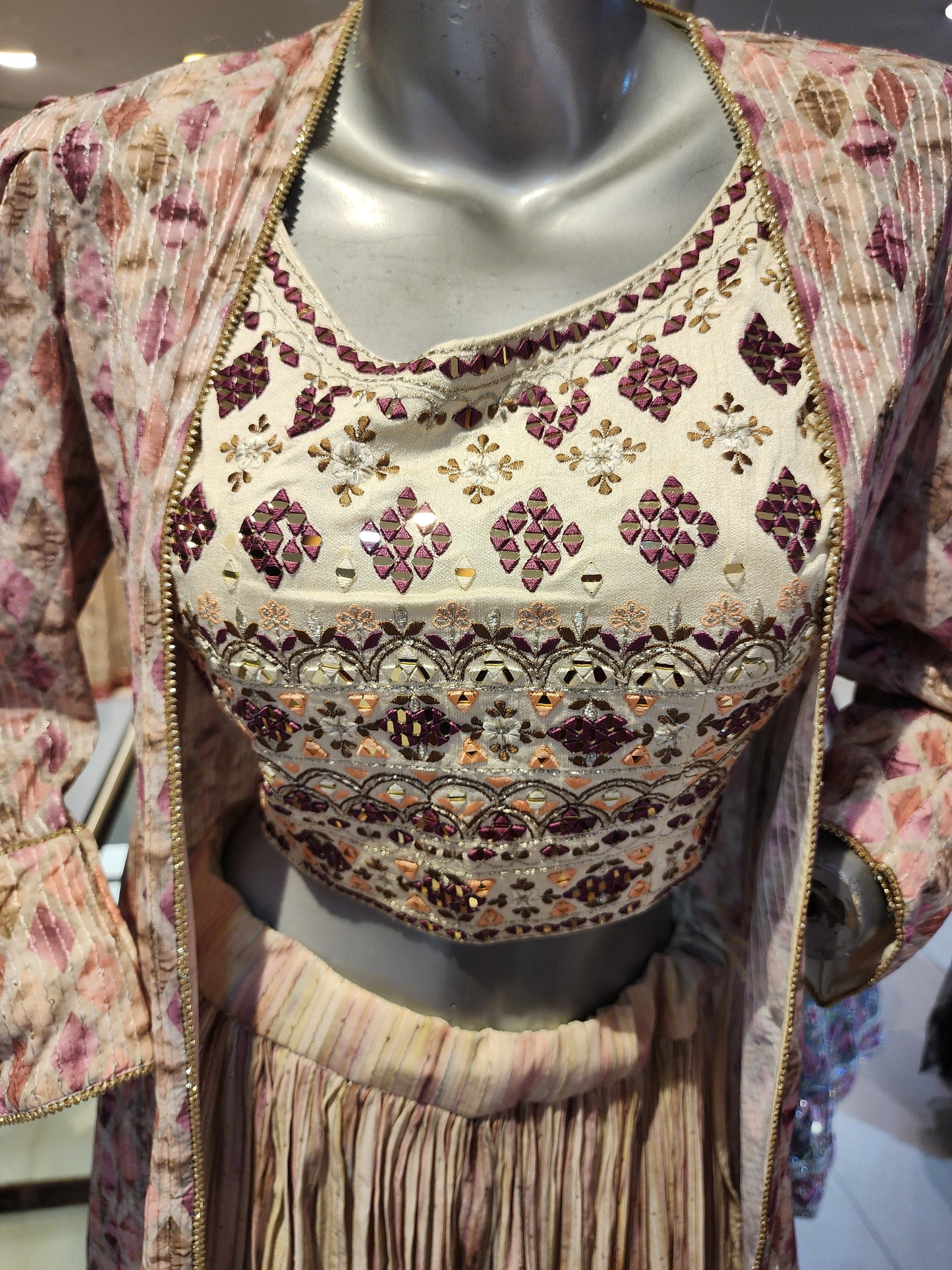 Cream tie and dye georgette lehenga with long jacket