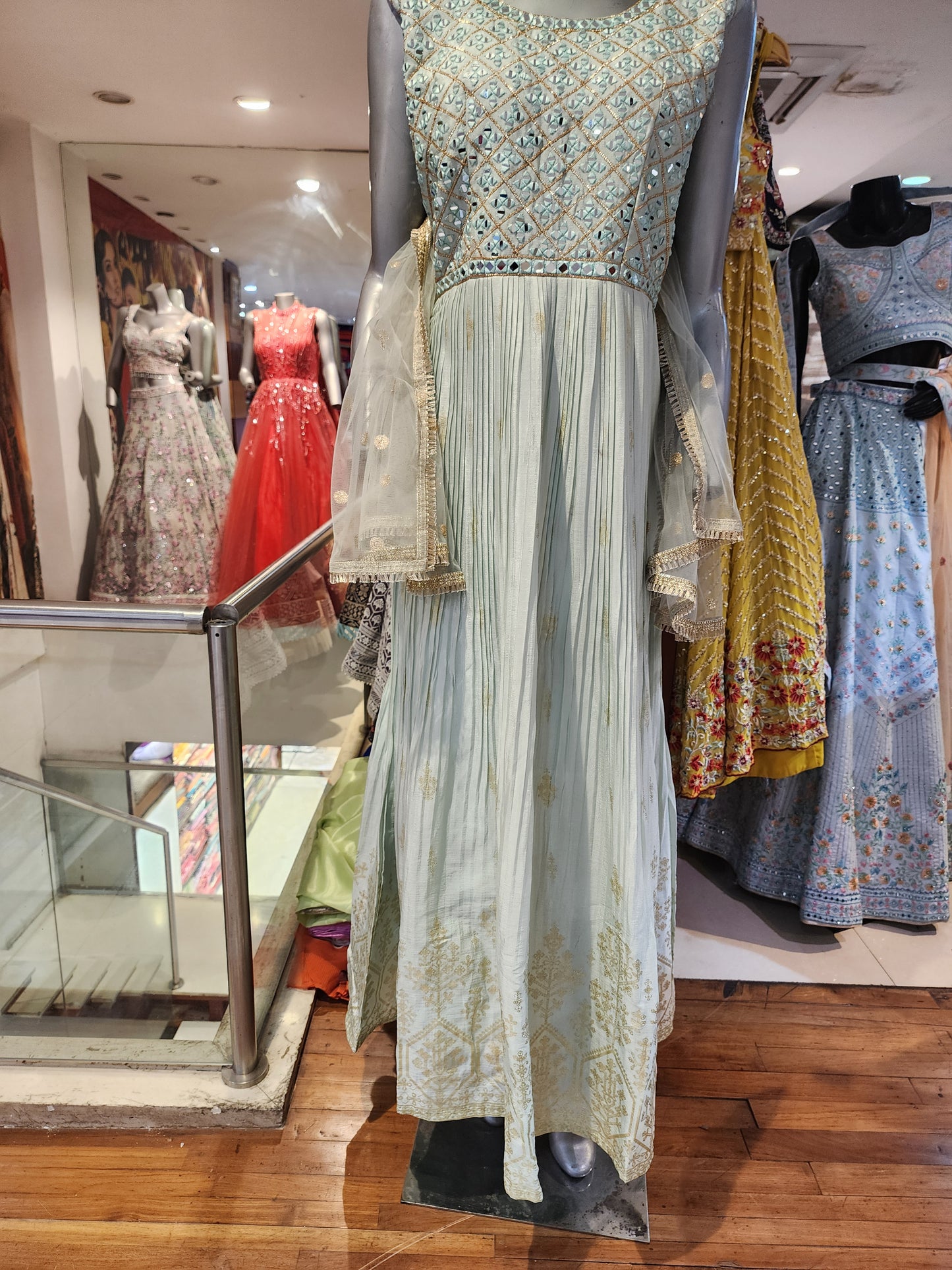 Mint colour chinon chiffon frock suit with net dupatta , mirror work Xl