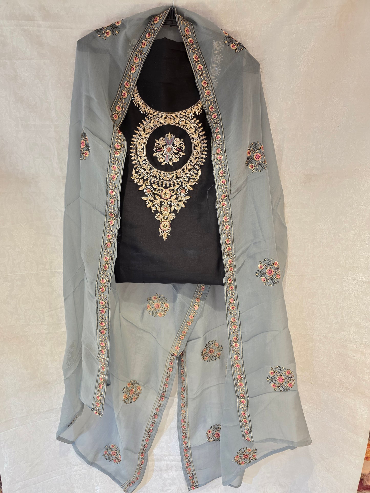Cotton silk unstiched suit with organza dupatta handwork