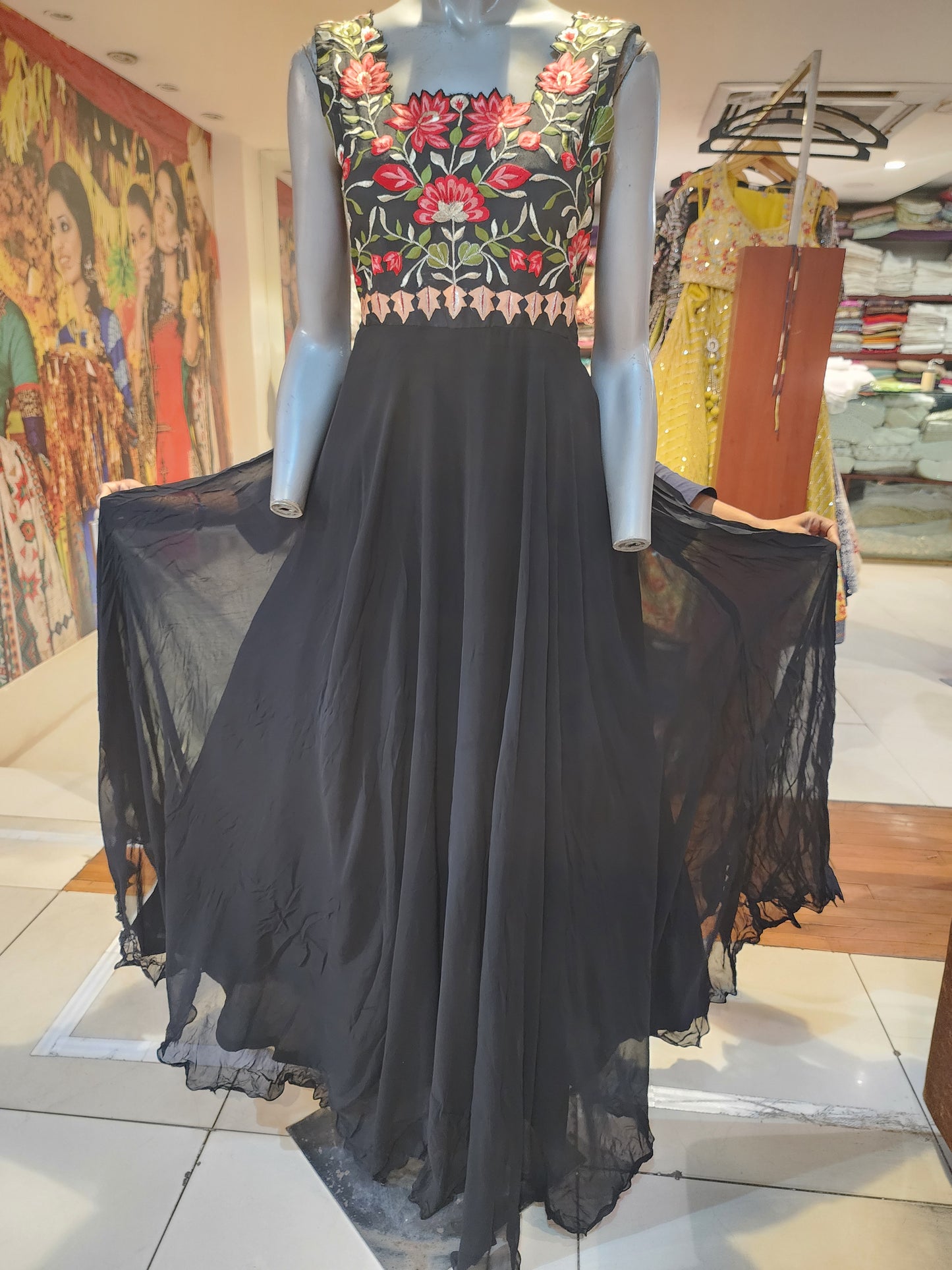 Black georgette party gown machine work