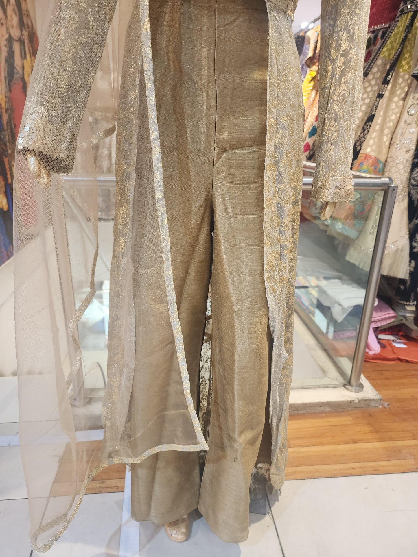 Golden shimmer dress with pants medium size