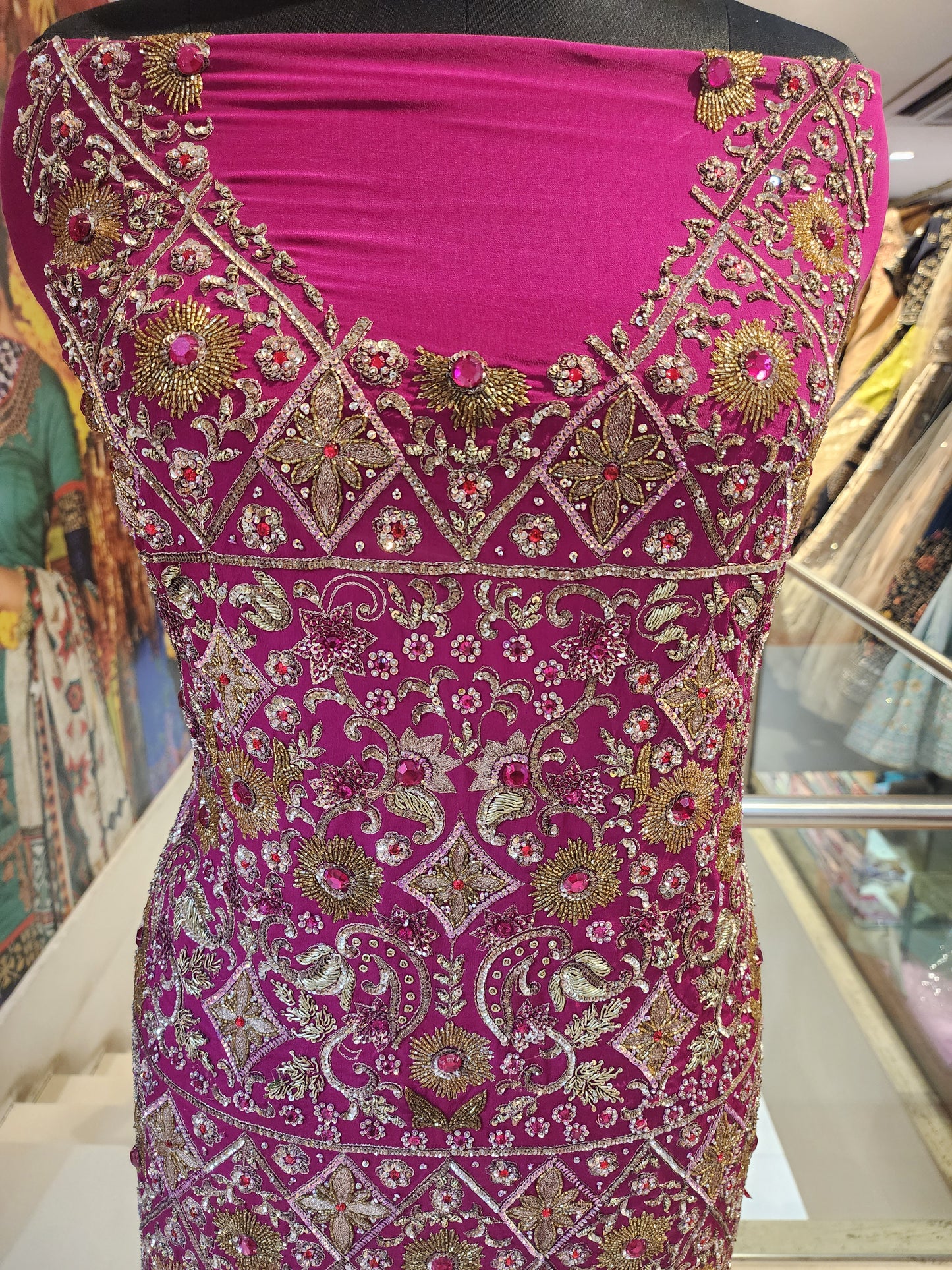 Magenta pure crepe jaal antique hand work suit with jaal antique work dupatta