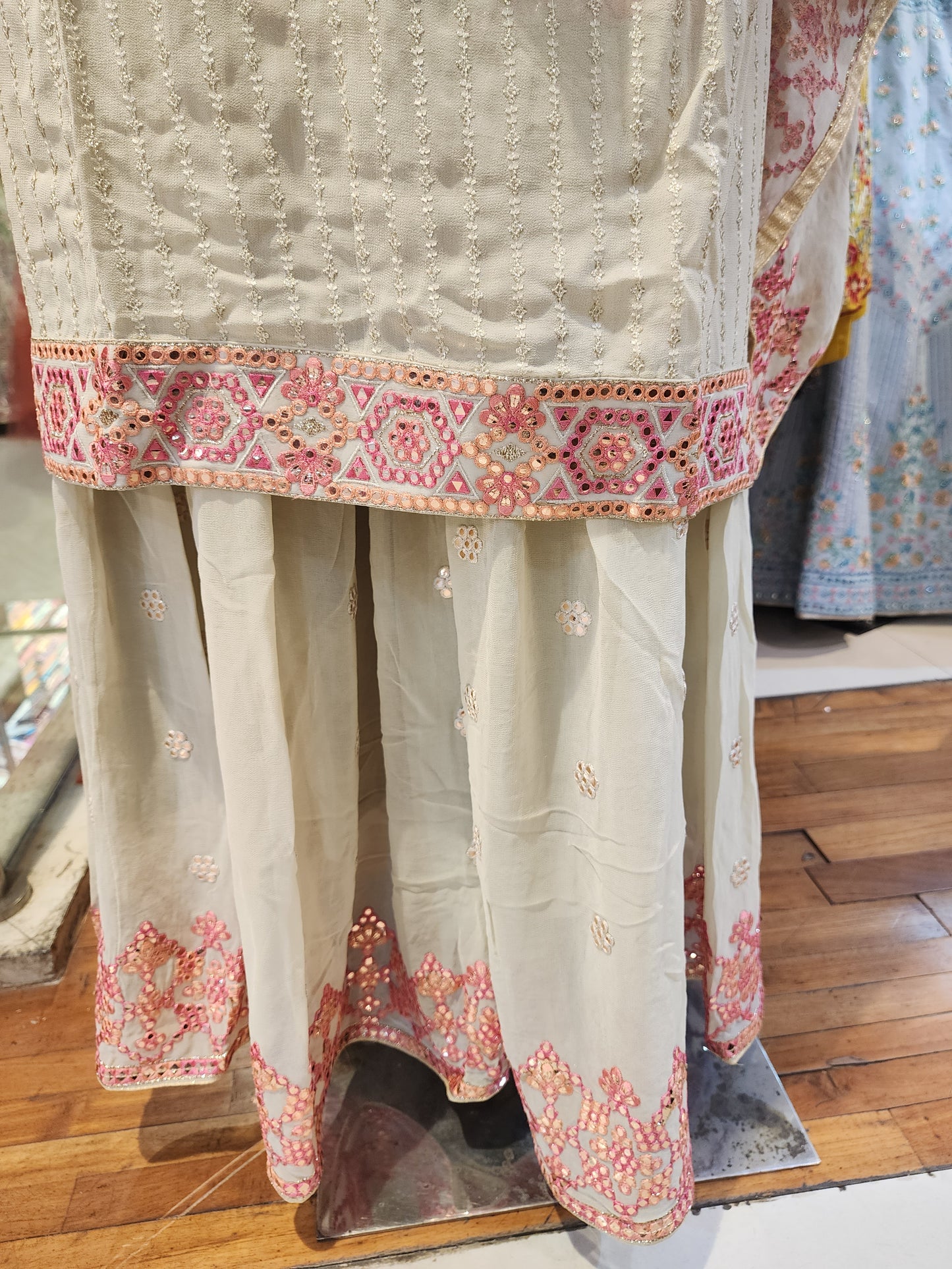 Fawn colour Garara semi stitched Suit Xl /L with pink border