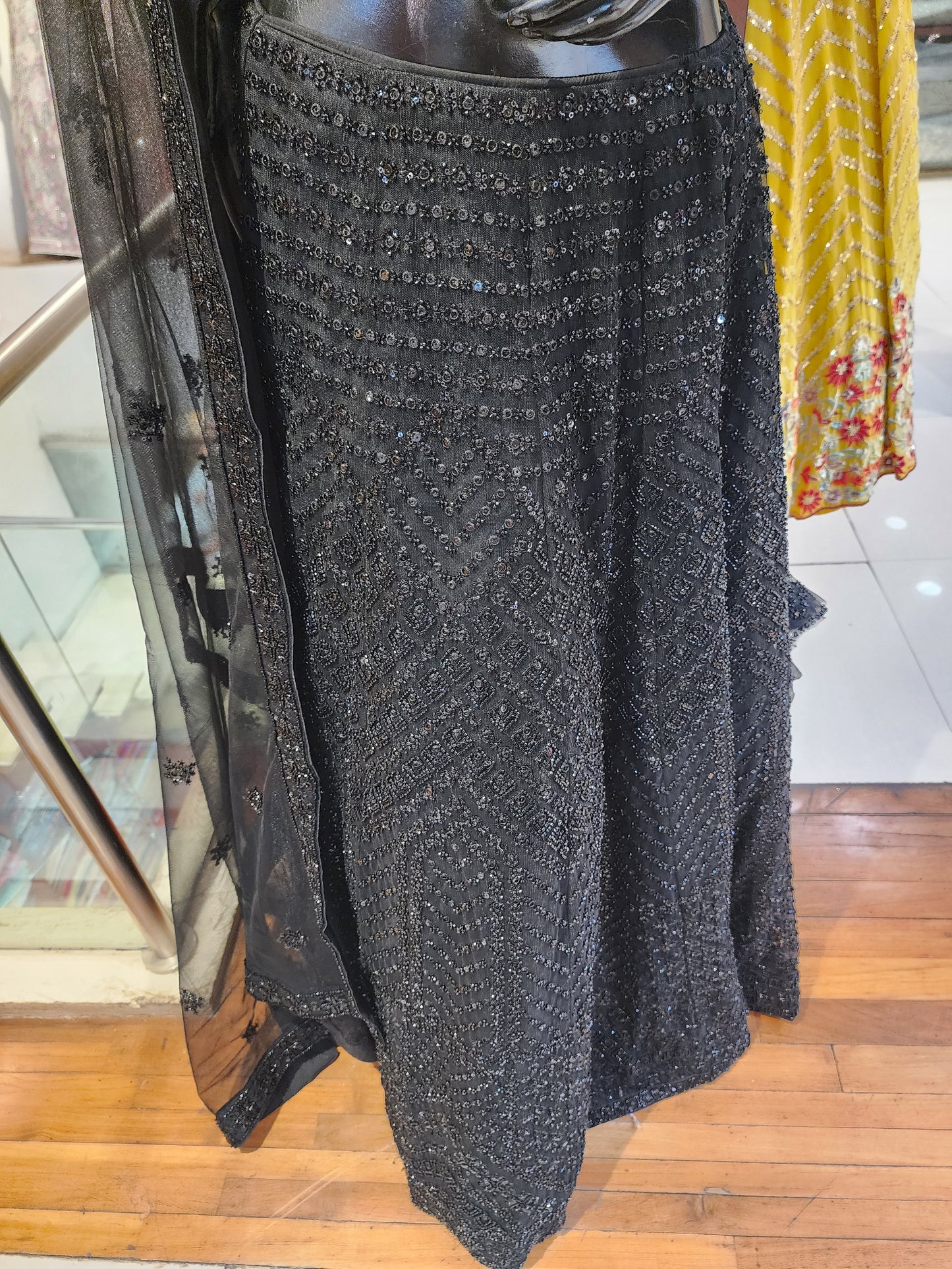 Black lehenga net fabric with handwork cutdana