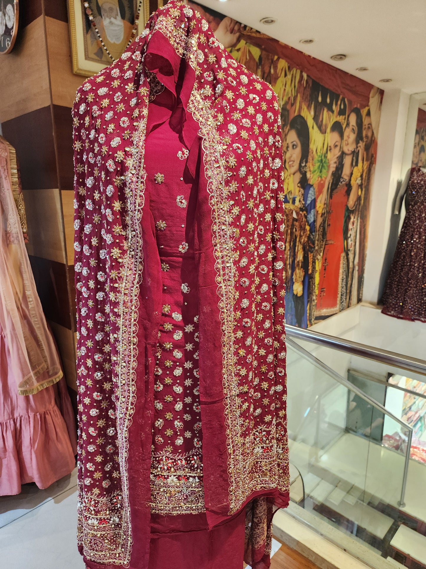 Maroon pure crepe dabka +kunden work suit with all over jaal with border Georgette dupatta