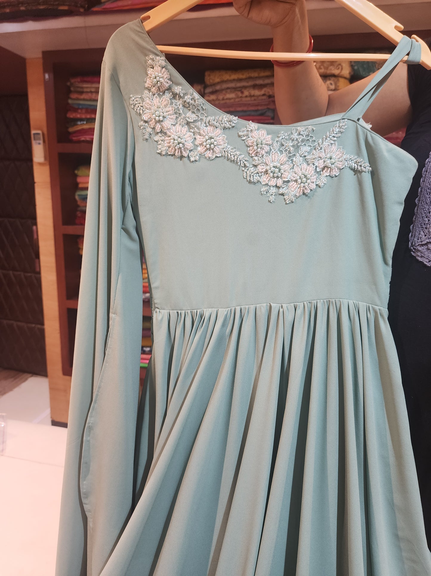 Green georgette one shoulder dress