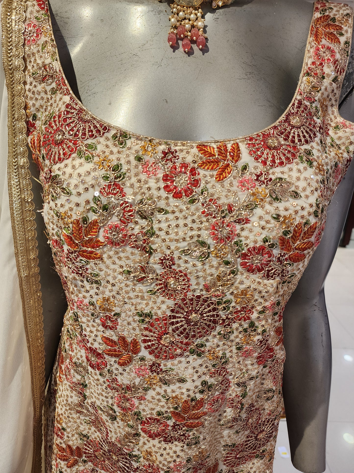 Georgette White floral sleeveless shirt with umbrella plazzo with georgette dupatta