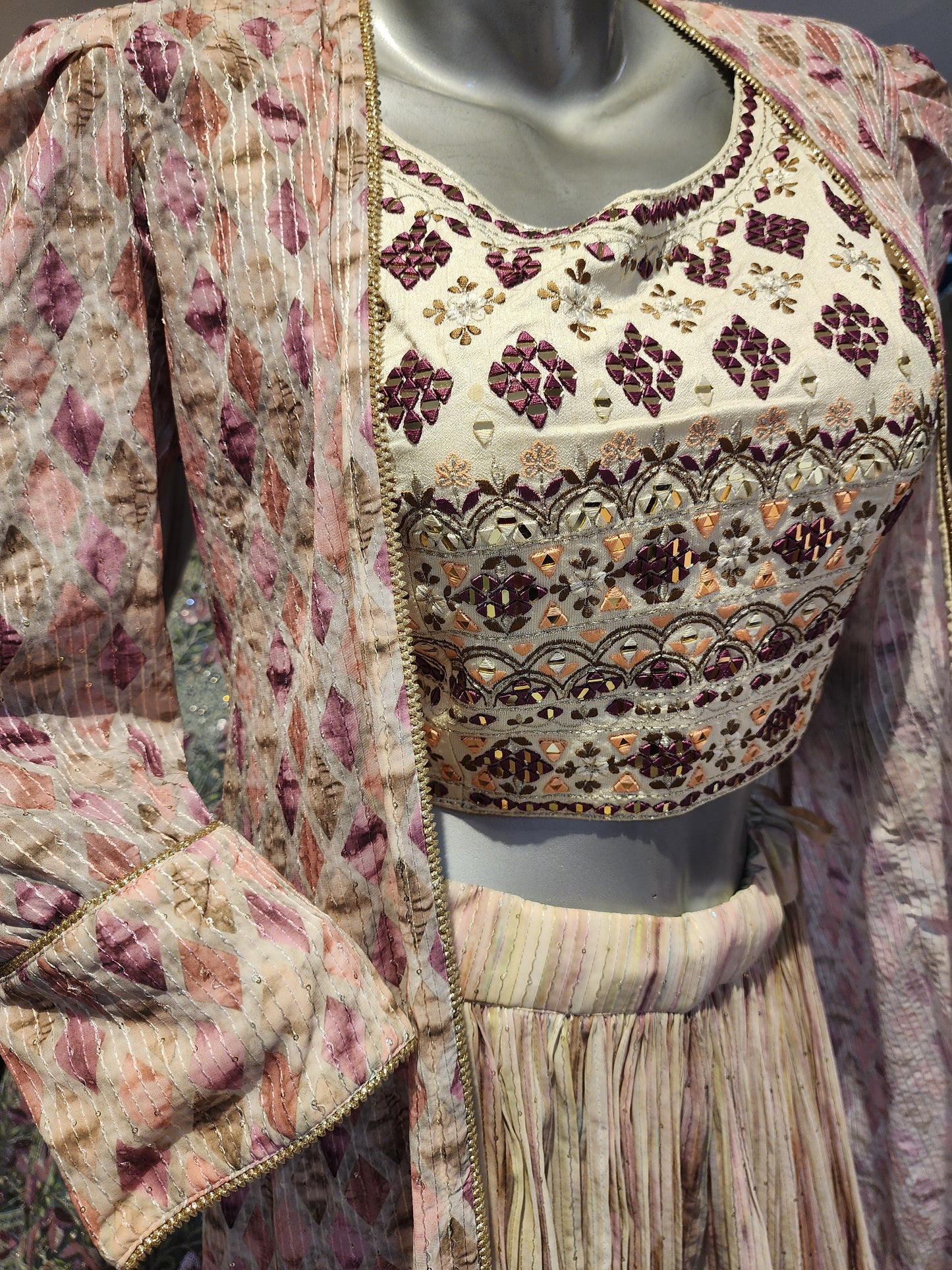 Cream tie and dye georgette lehenga with long jacket