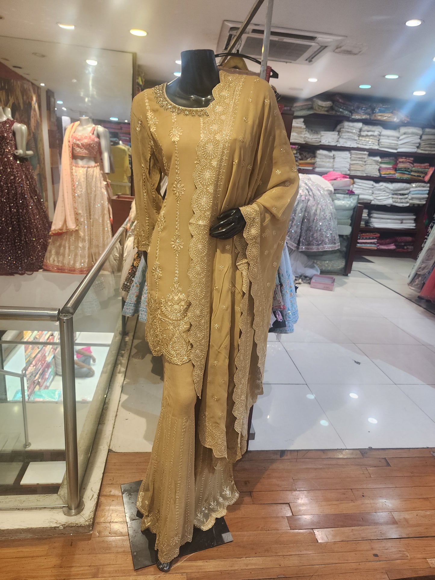 Golden brown georgette chikankari resham work shirt with dupatta sharara suit
