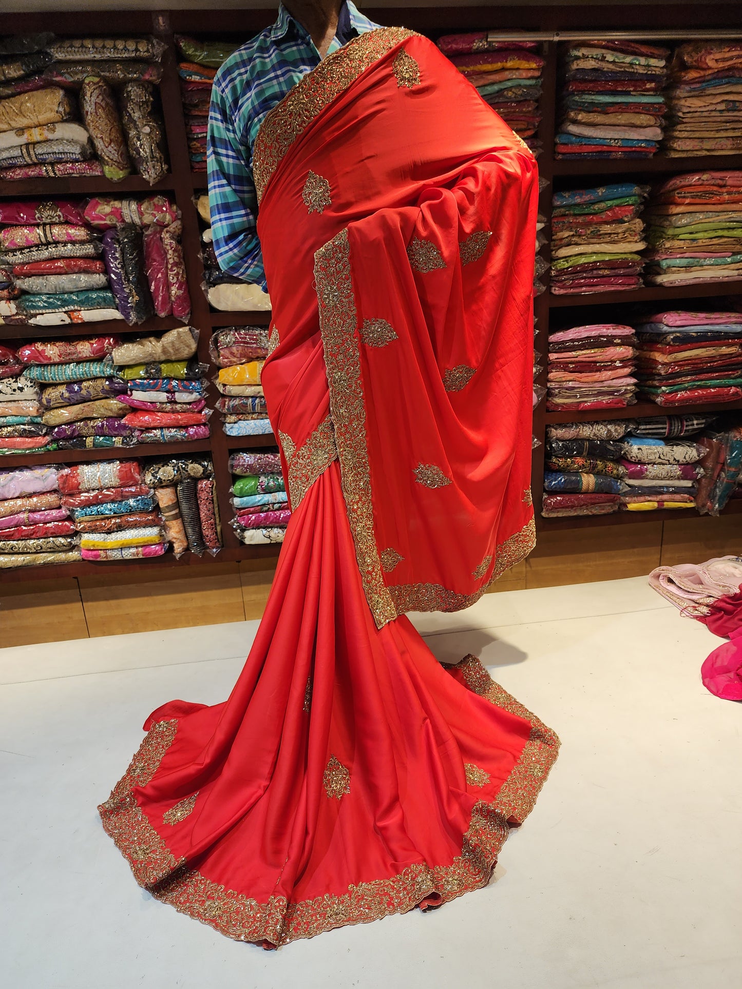 Shamu Satin tamoato Red saare with gold servowski work