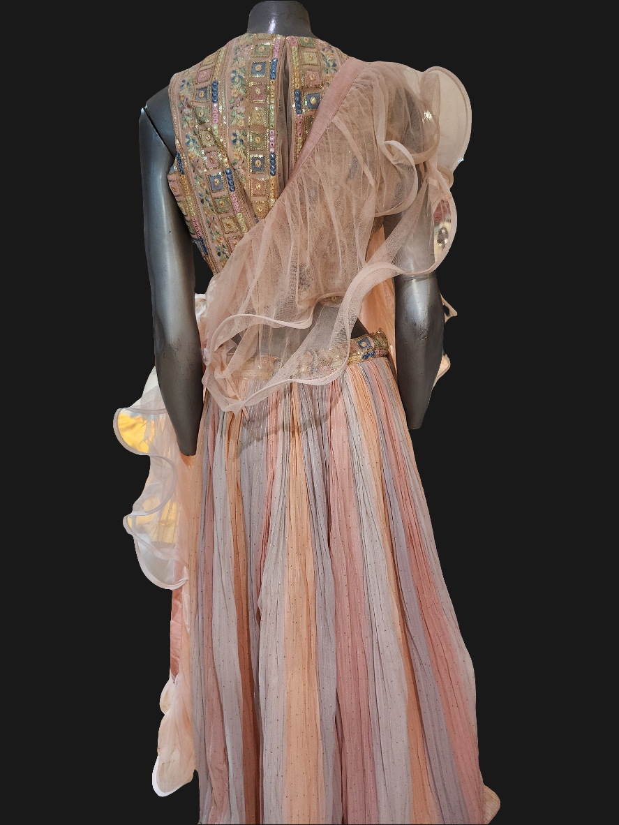 Peach and Grey crush georgette  lehenga , multi thread work + mirror work choli