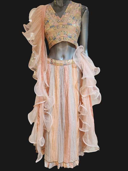 Peach and Grey crush georgette  lehenga , multi thread work + mirror work choli