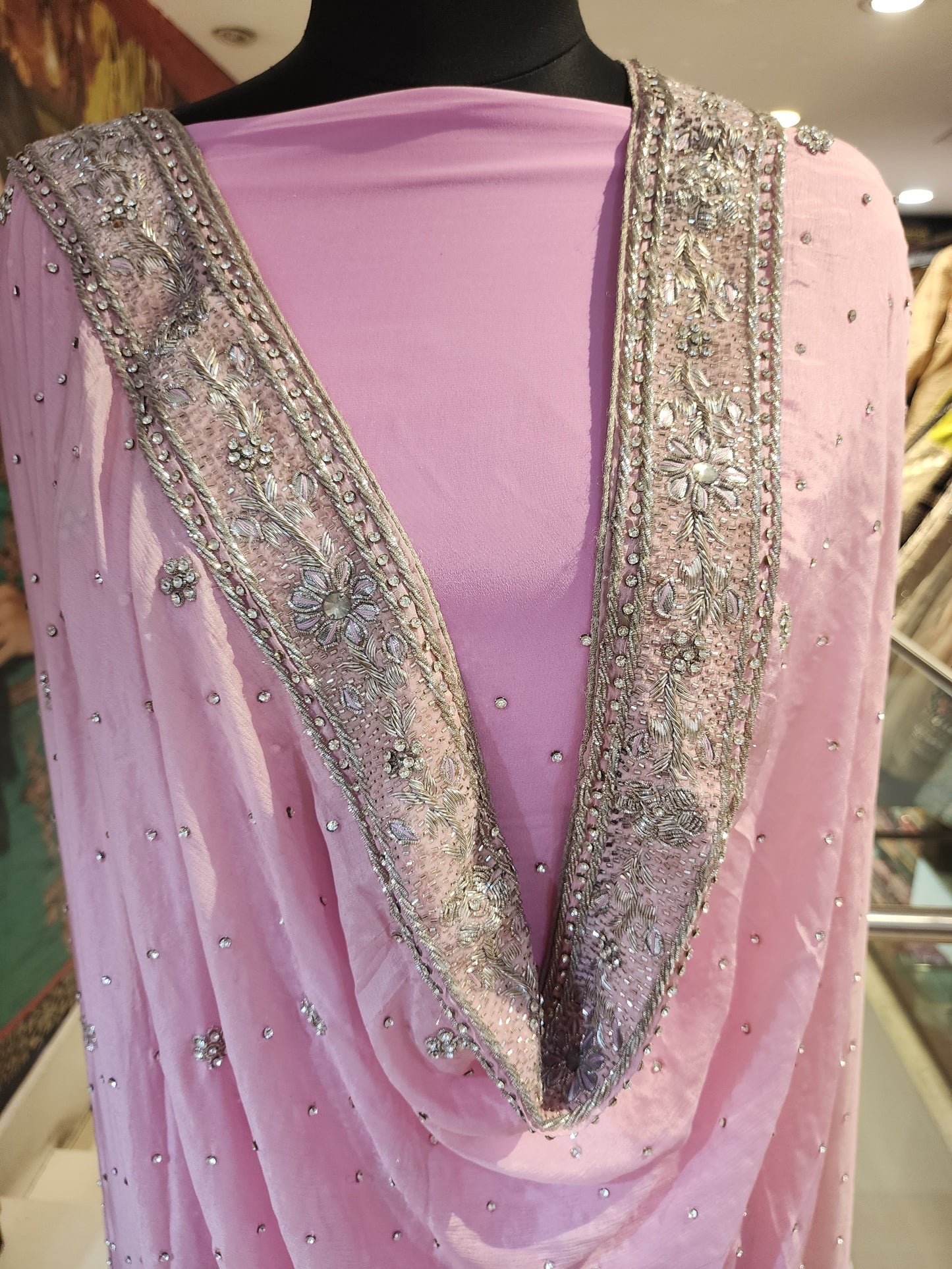 Pink Pure crepe silver dabka work +Jerkan work ,with heavy four side border  dupatta