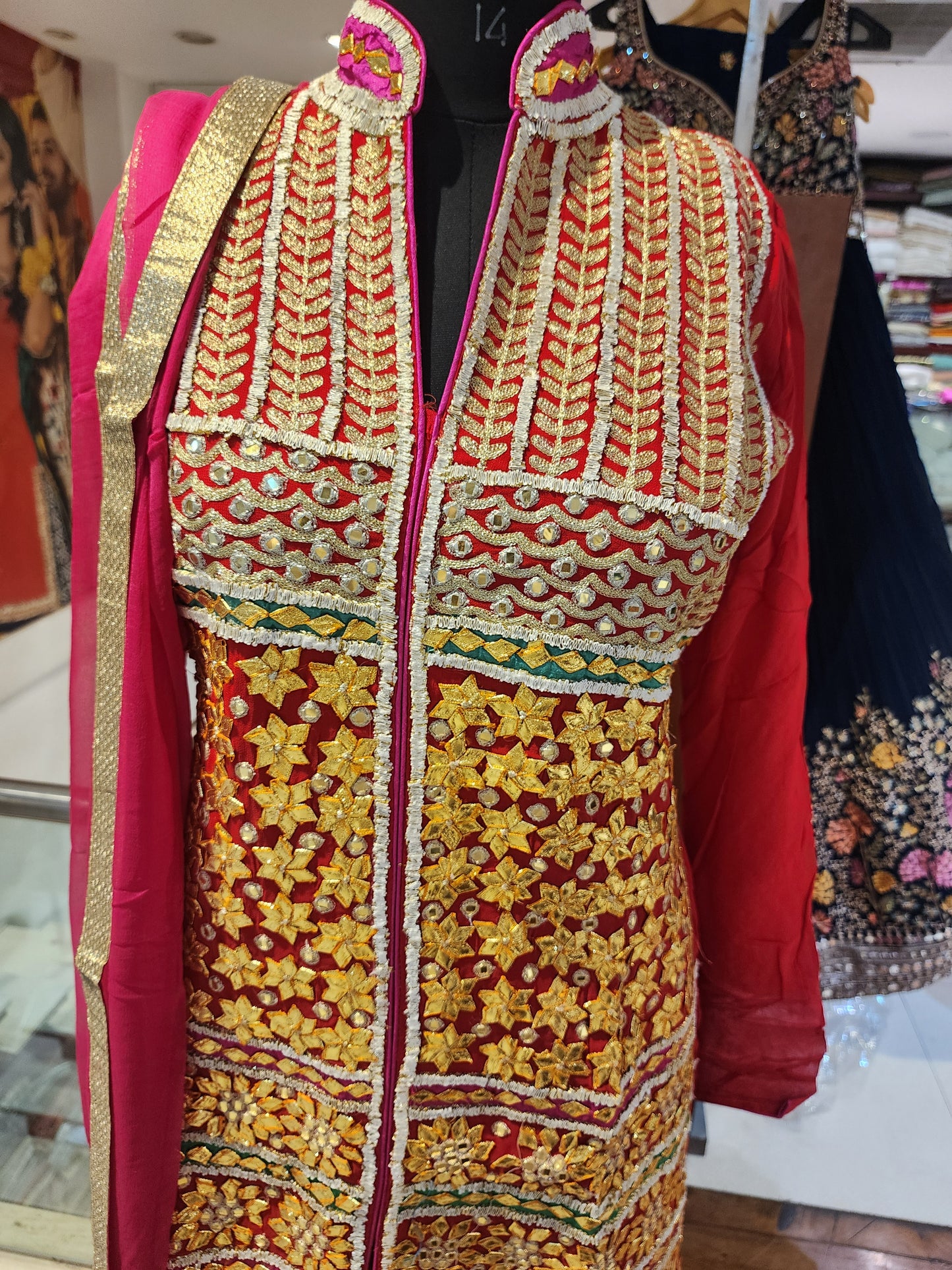 Red and magenta  georgette  sharara suit with georgette  dupatta, gota +aari +mirror work