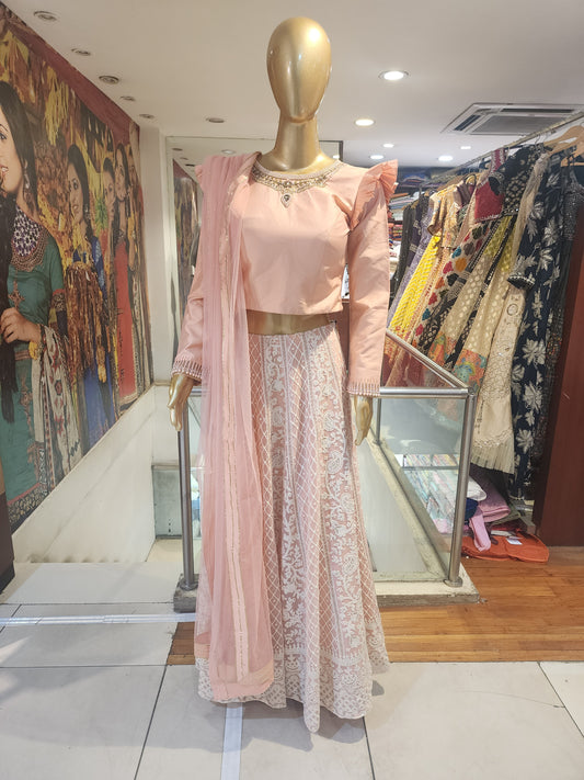 Peach color lehenga choli Lucknowi work