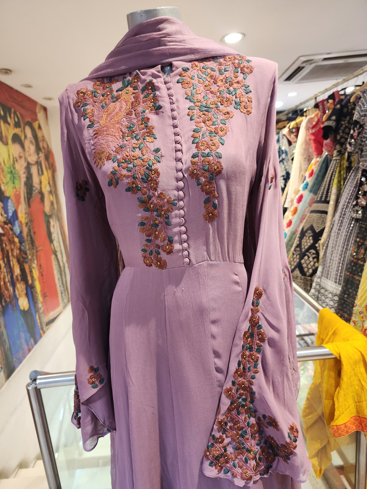 Mauve /Jamuni georgette Stiched dress with scarf and plazzo L /XL