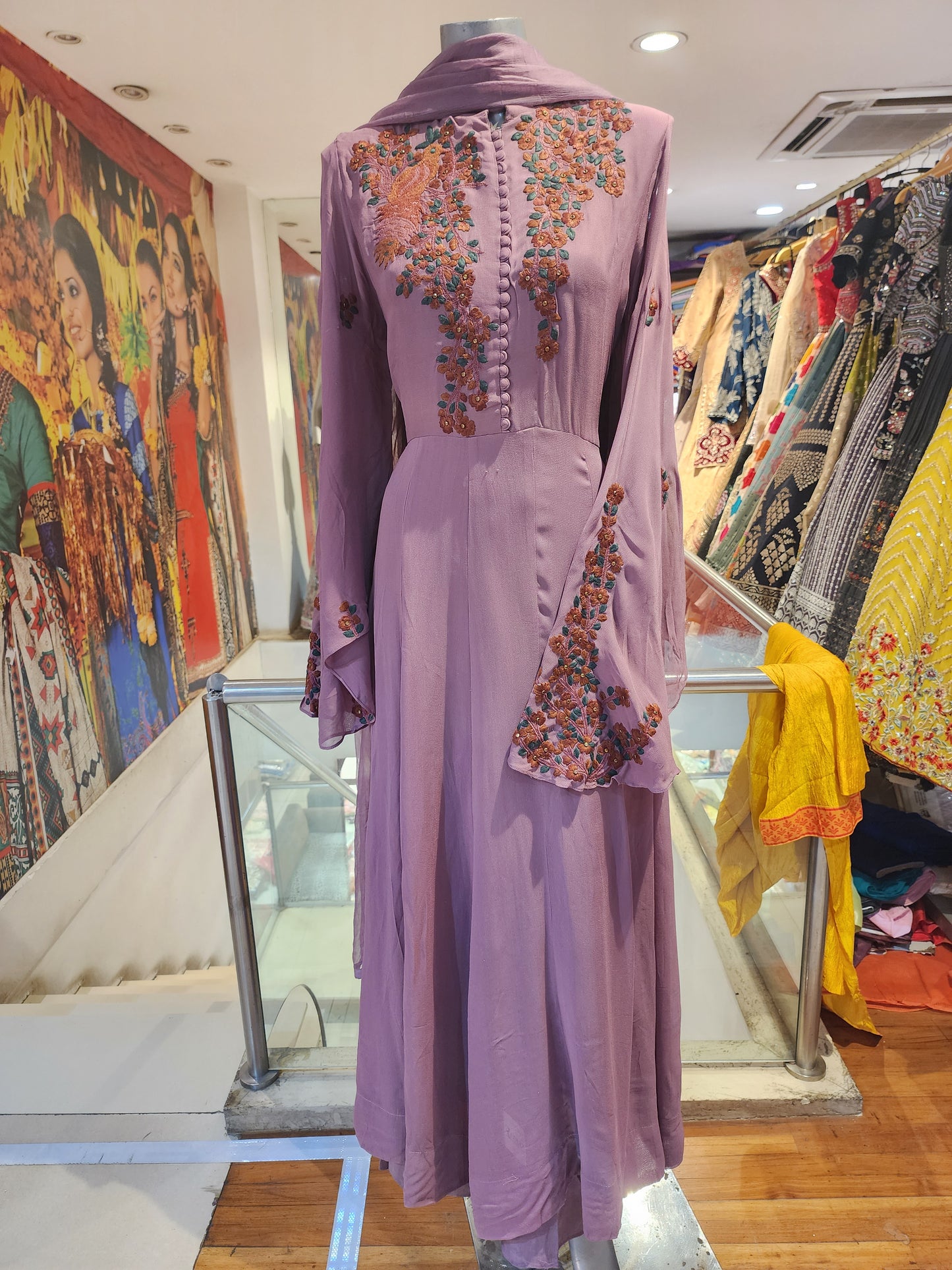 Mauve /Jamuni georgette Stiched dress with scarf and plazzo L /XL