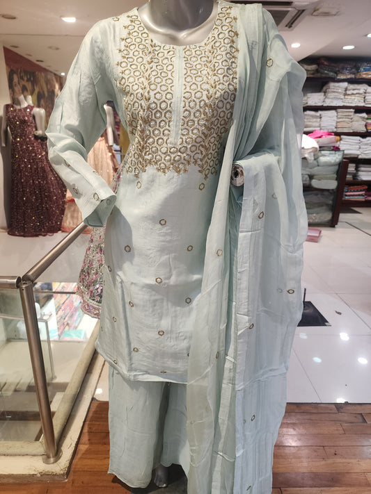 Sky blue semi raw silk umbrella plazzo suit. , zari + cut dana work