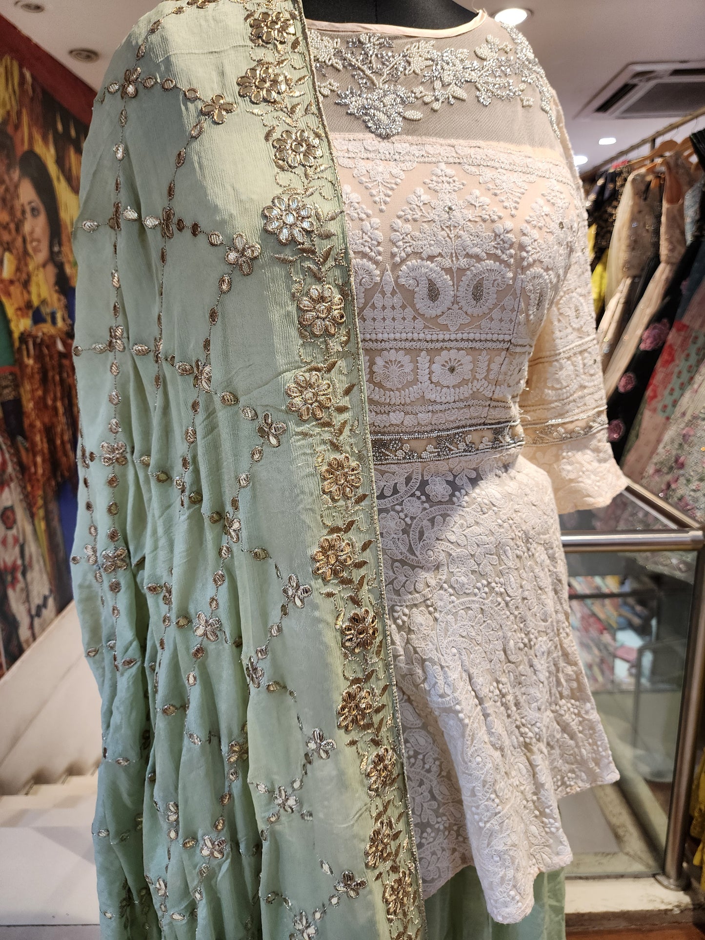 White  and mint georgette  lehenga  with Lucknowi peplum top with gotapatti work  dupatta