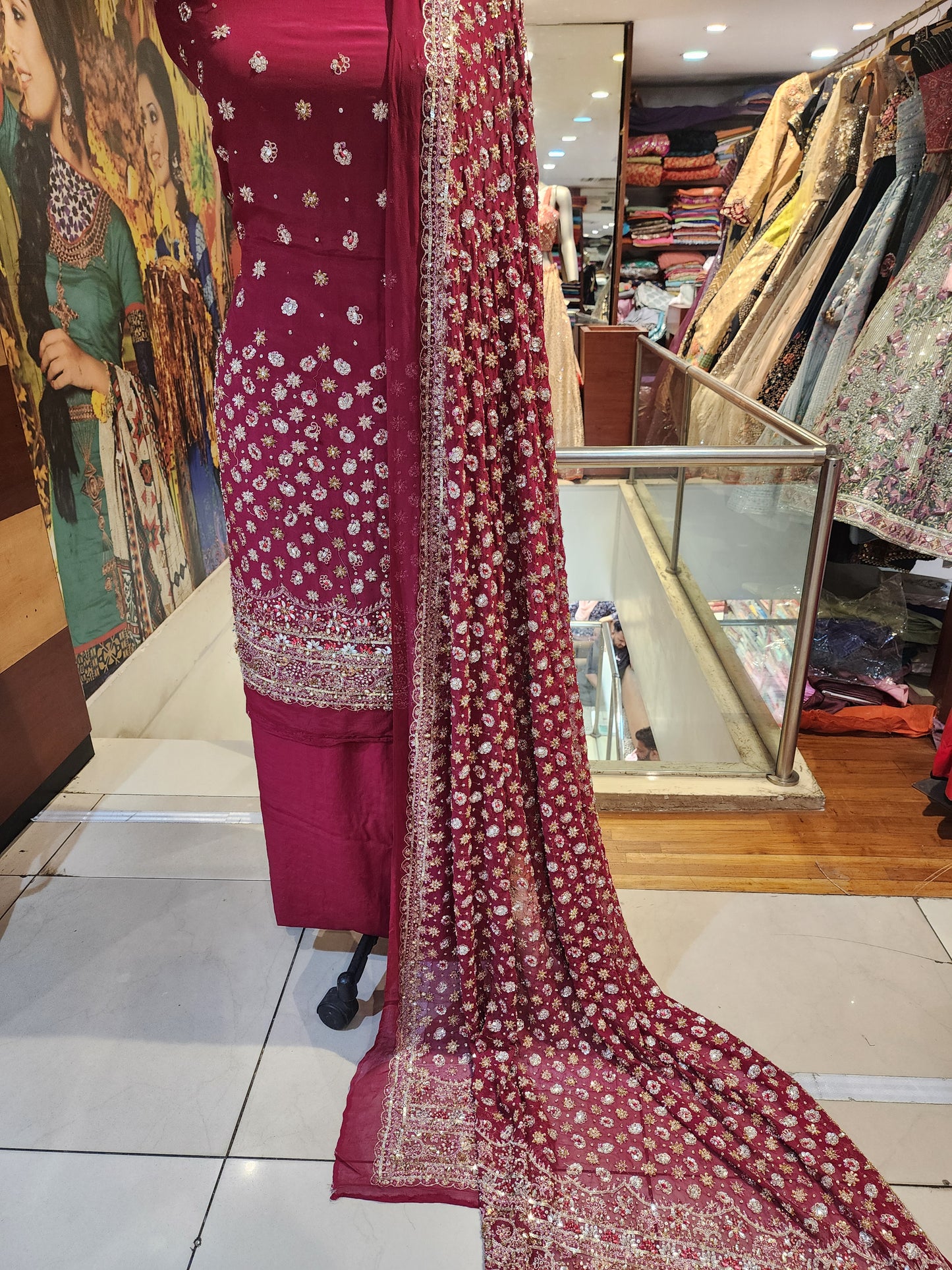 Maroon pure crepe dabka +kunden work suit with all over jaal with border Georgette  dupatta