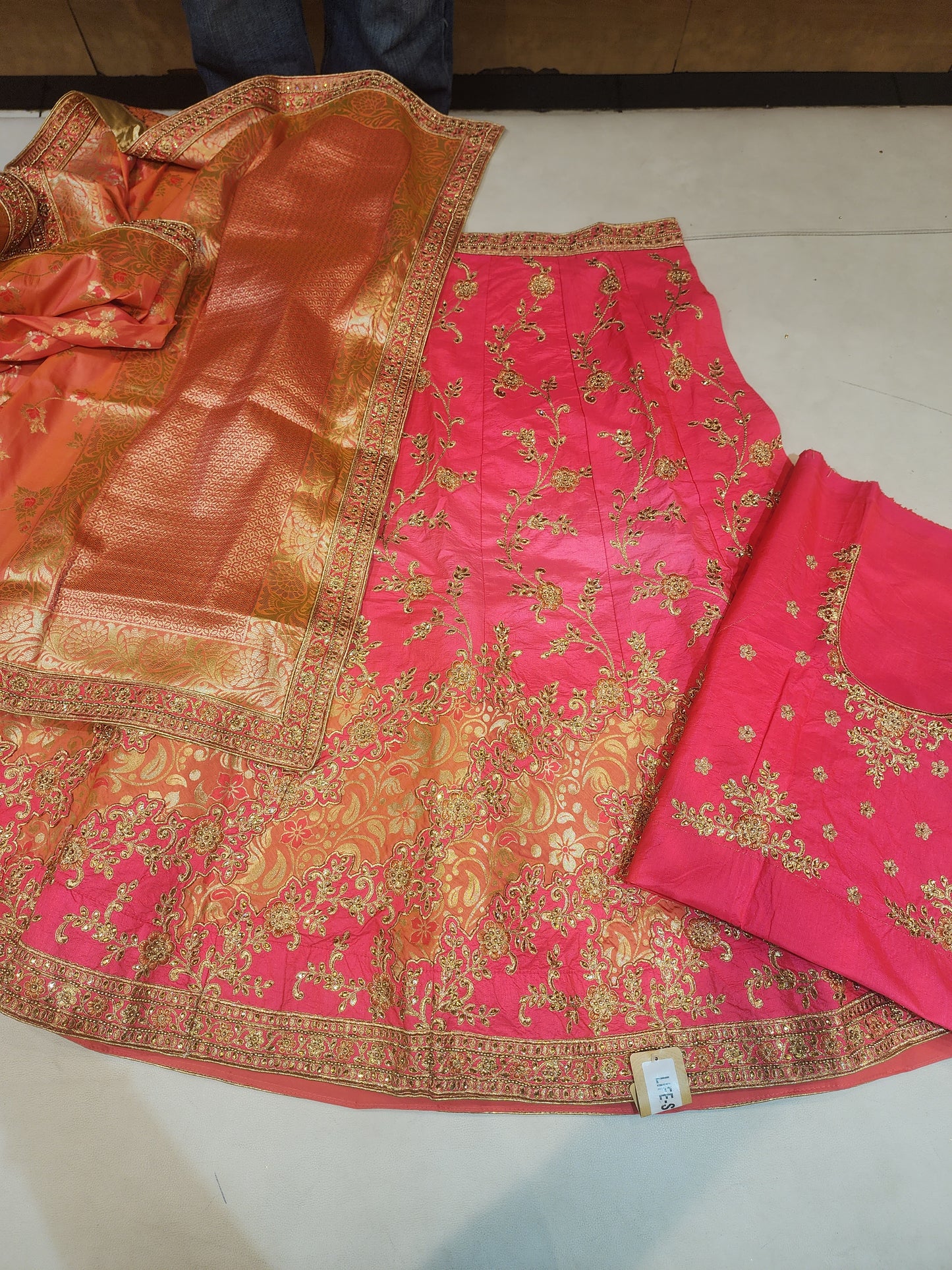 Pink colour pure silk lahanga kundan and zari work