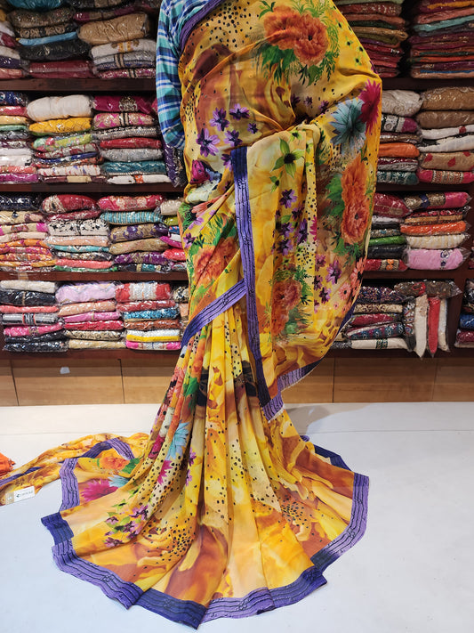 Yellow printed georgette saree with printed blouse