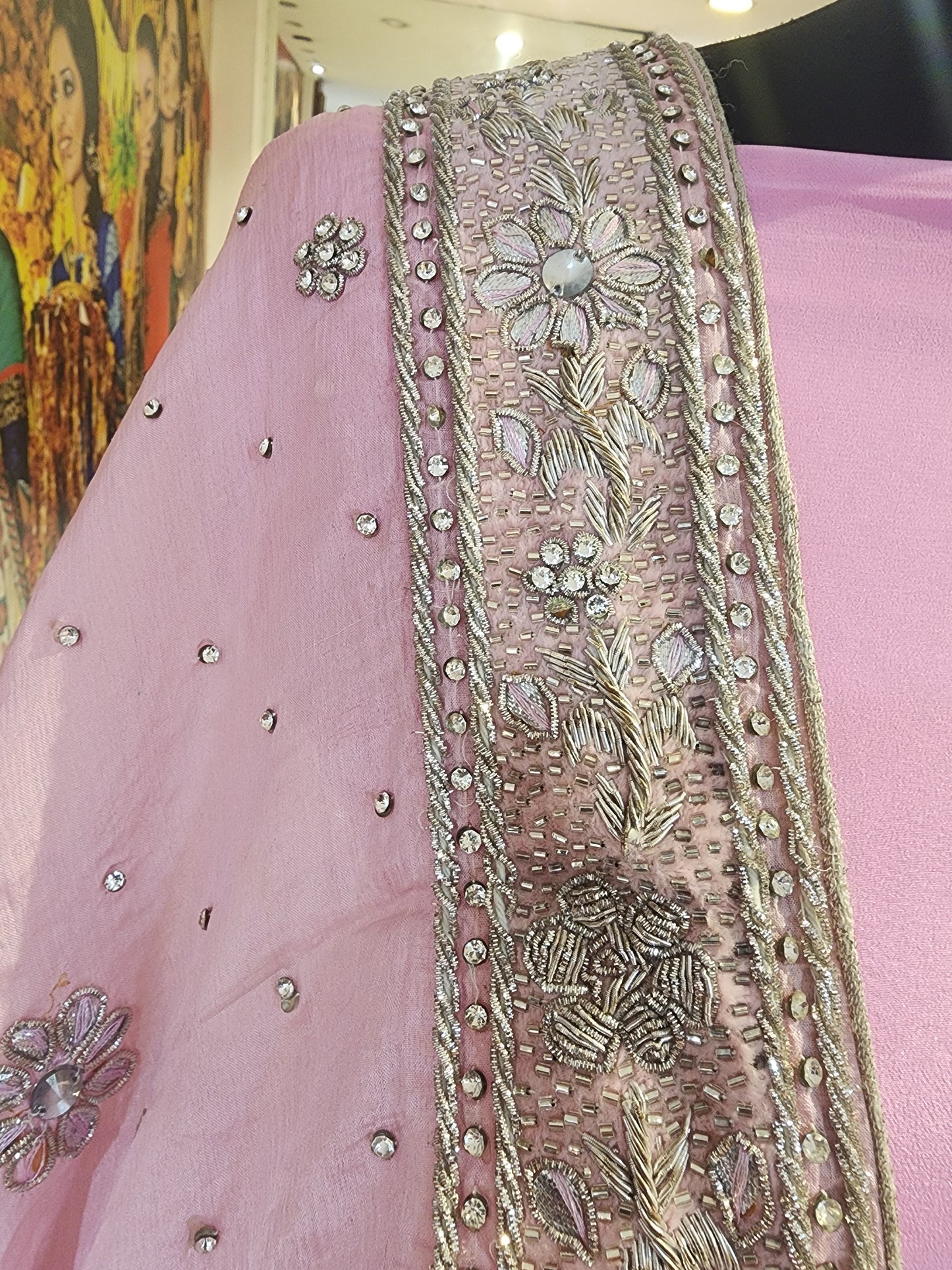 Pink Pure crepe silver dabka work +Jerkan work ,with heavy four side border  dupatta