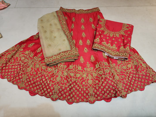 Red colour pure silk aari and servowski work lehanga unstiched