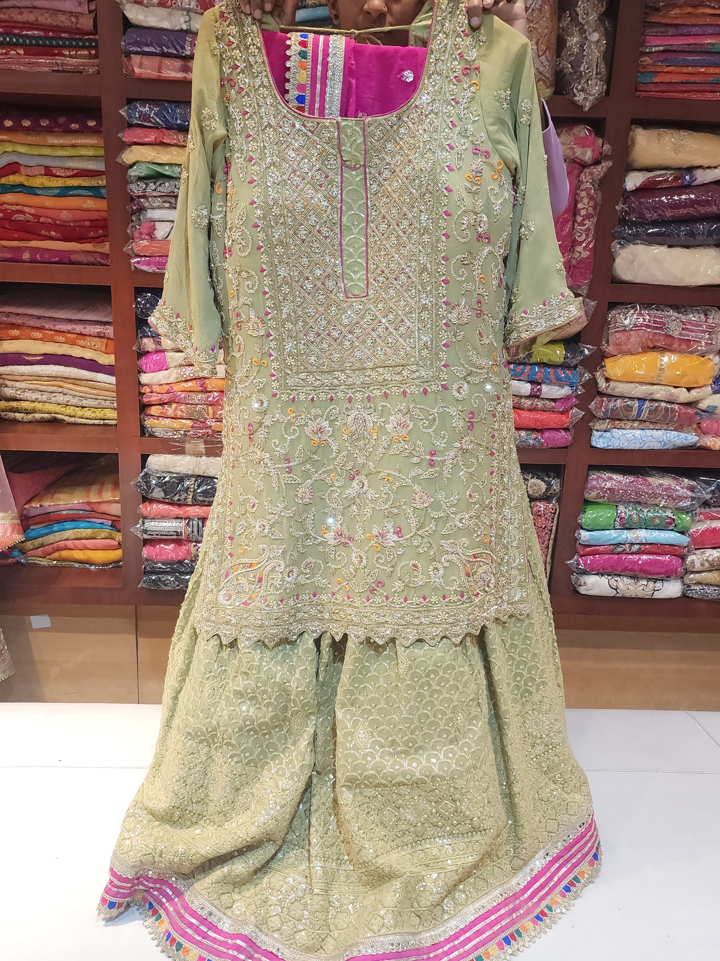 Pista Green handwork shirt and lakhnavi sequins  lehanga with magenta dupatta with border