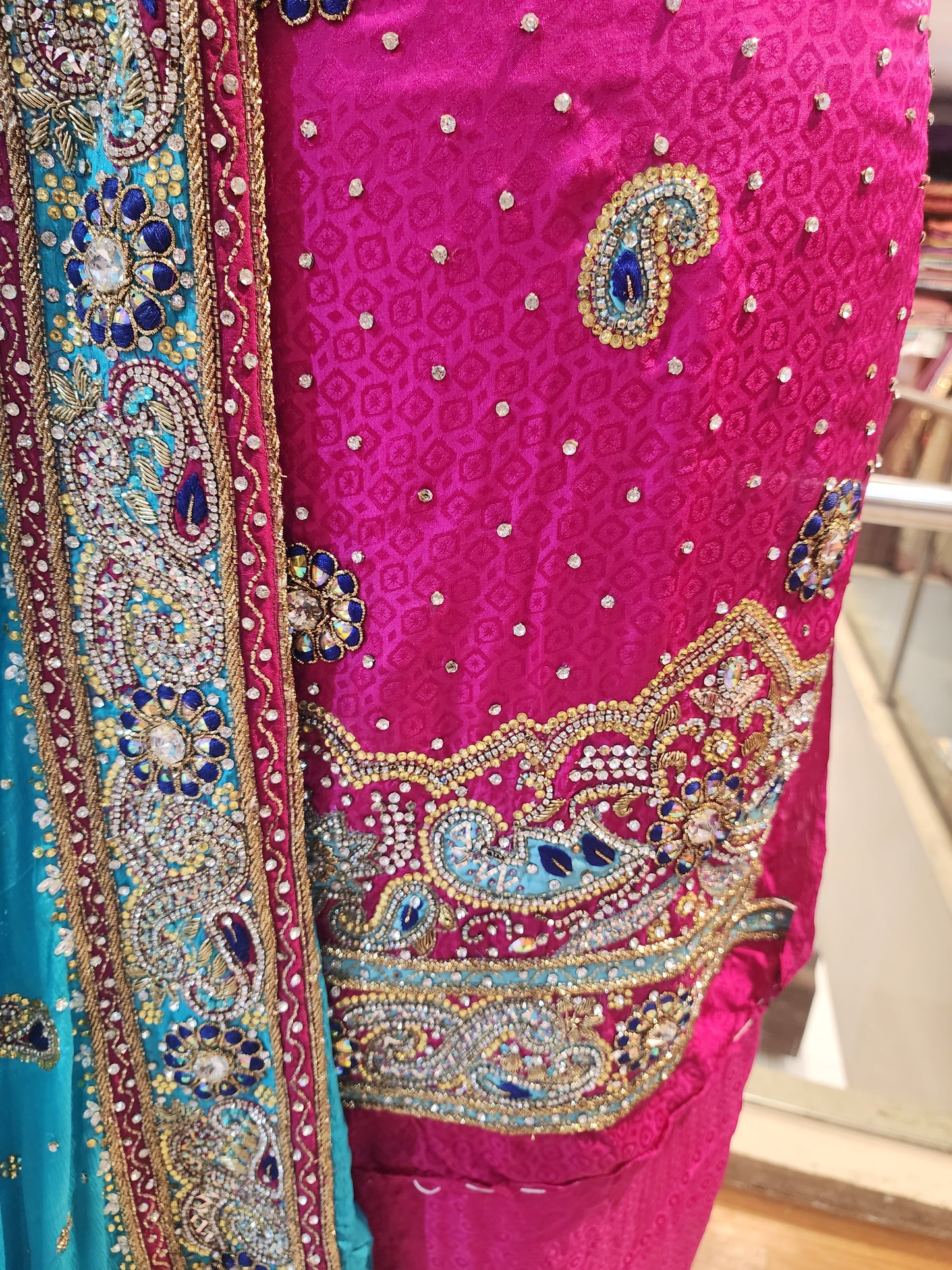 Pink Pure crepe kunden work suit with light blue four side border  dupatta