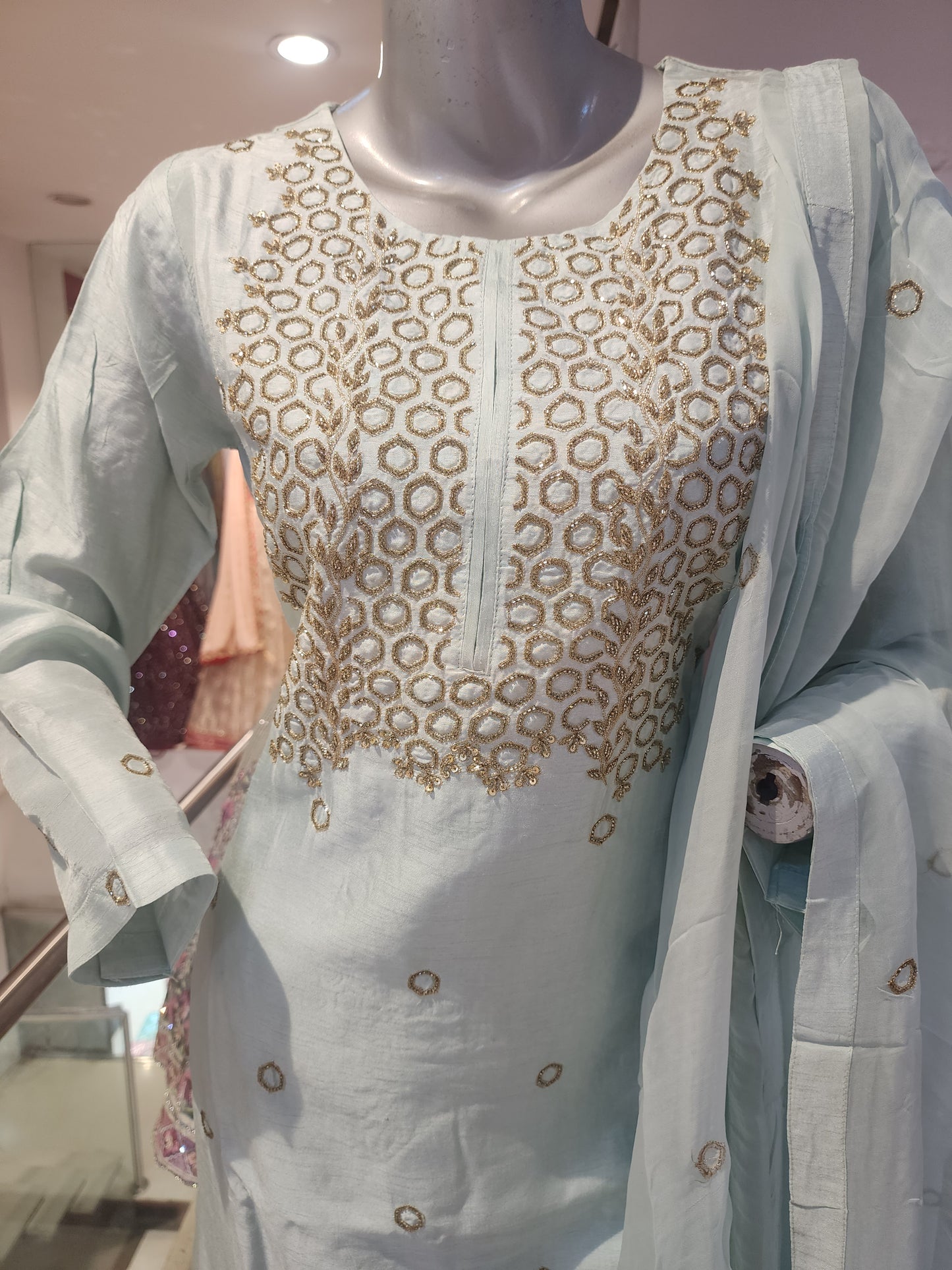 Sky blue semi raw silk umbrella plazzo suit. , zari + cut dana work