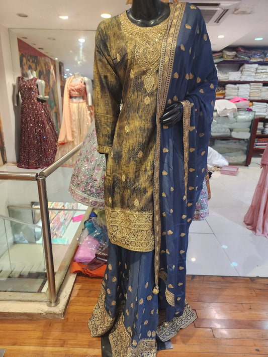 Mehandi Green + smoked Grey sharara suit ,aari work stitched suit
