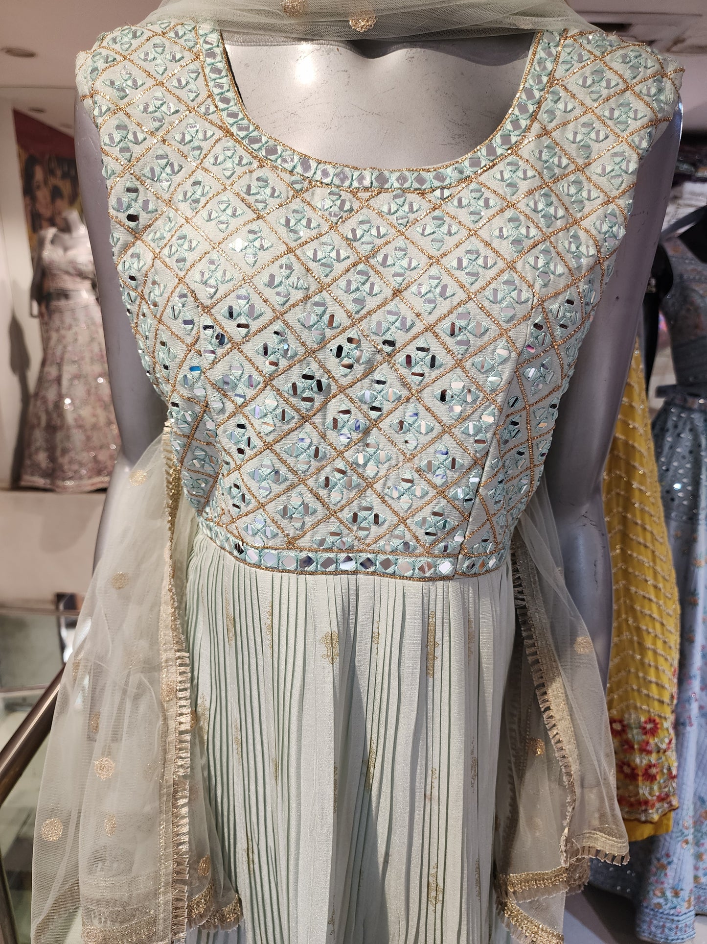 Mint colour chinon chiffon frock suit  with net dupatta ,  mirror work Xl