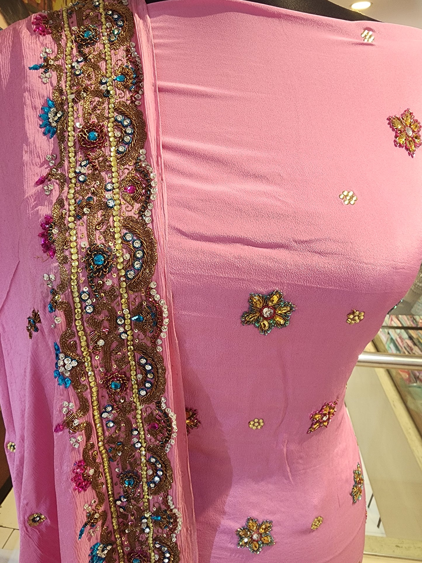 Pink Pure crepe multi colour kunden work + antique zari work suit with four side border chinnon  chiffon  dupatta