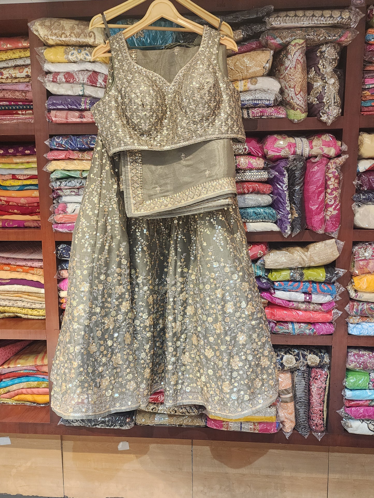 Pure tissue silk sequins and thread work lehanga choli with dupatta , space  Grey colour