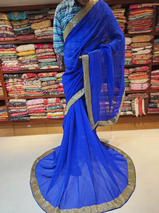 Royal blue pure georgette  kaddane work
