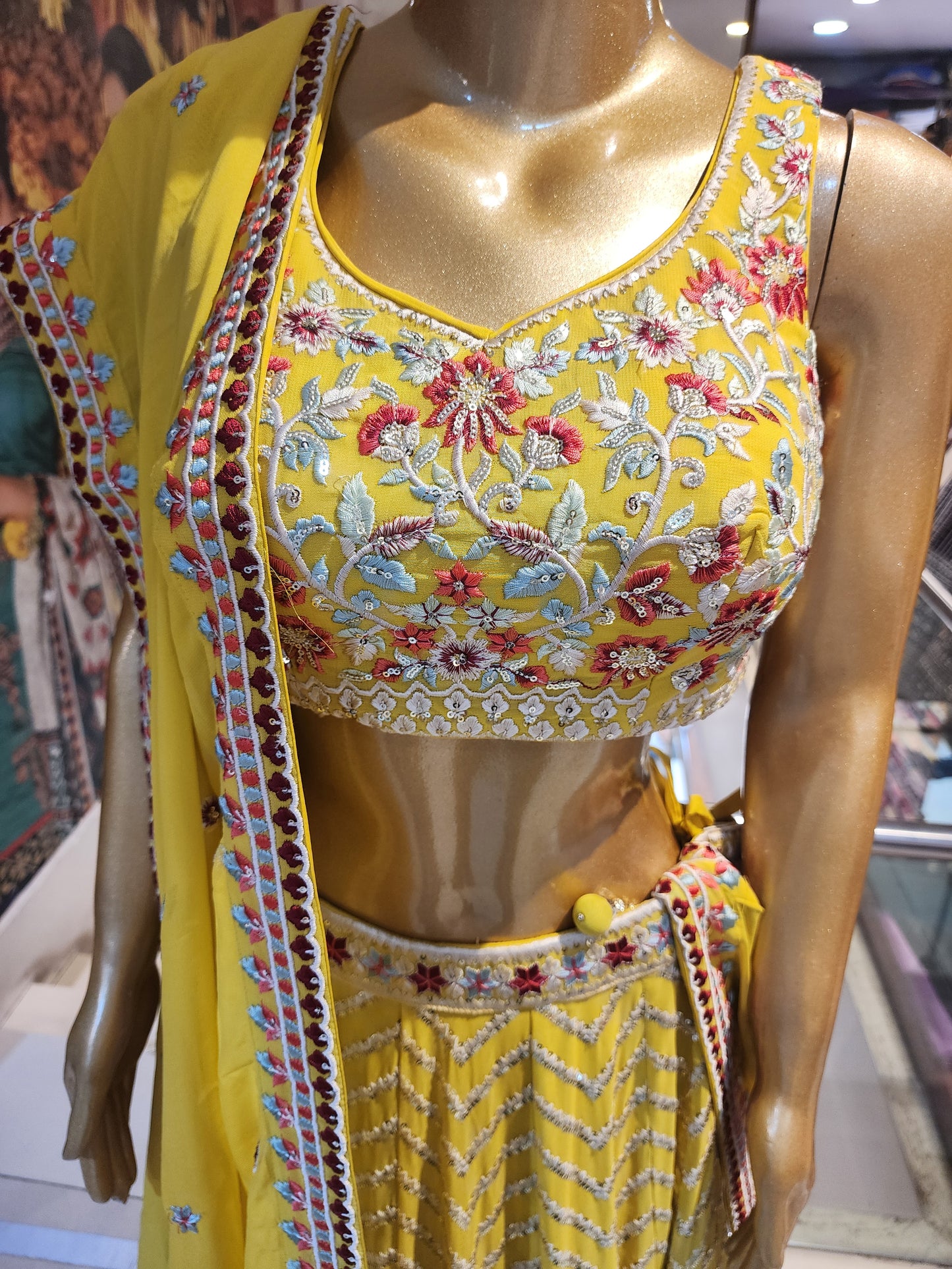 Yellow georgette heavy  machine work lehanga with four side border  dupatta