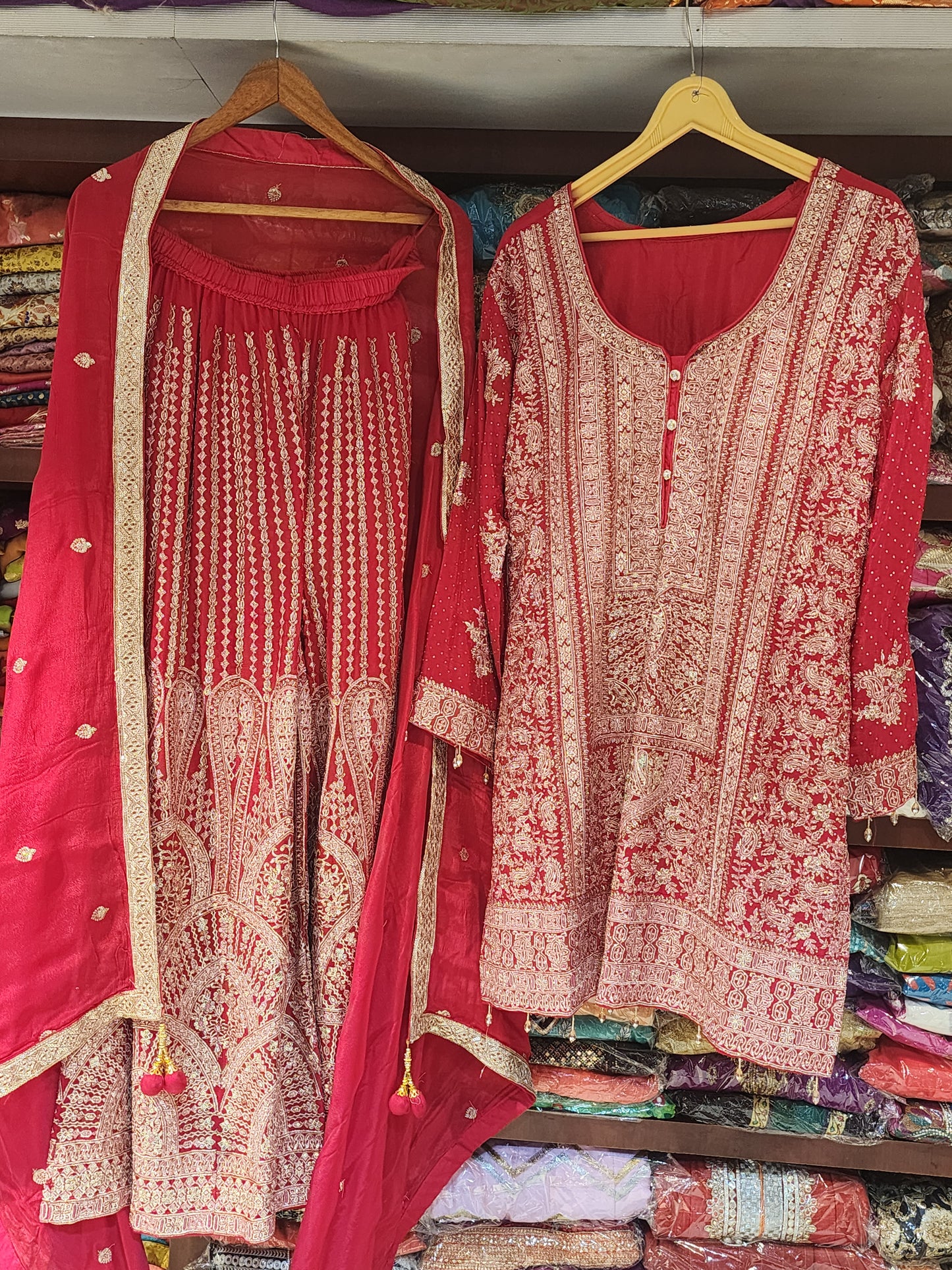 Readymade Red sharara suit with dupatta zari work
