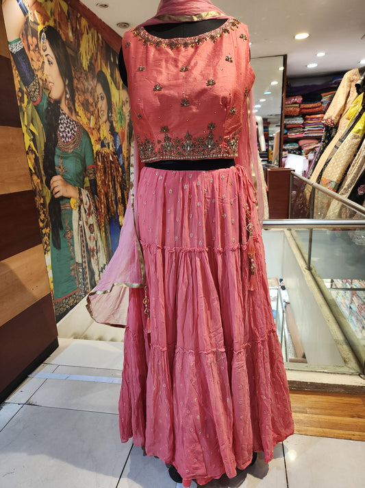 Gaajri georgette lehenga with raw silk choli with hand work