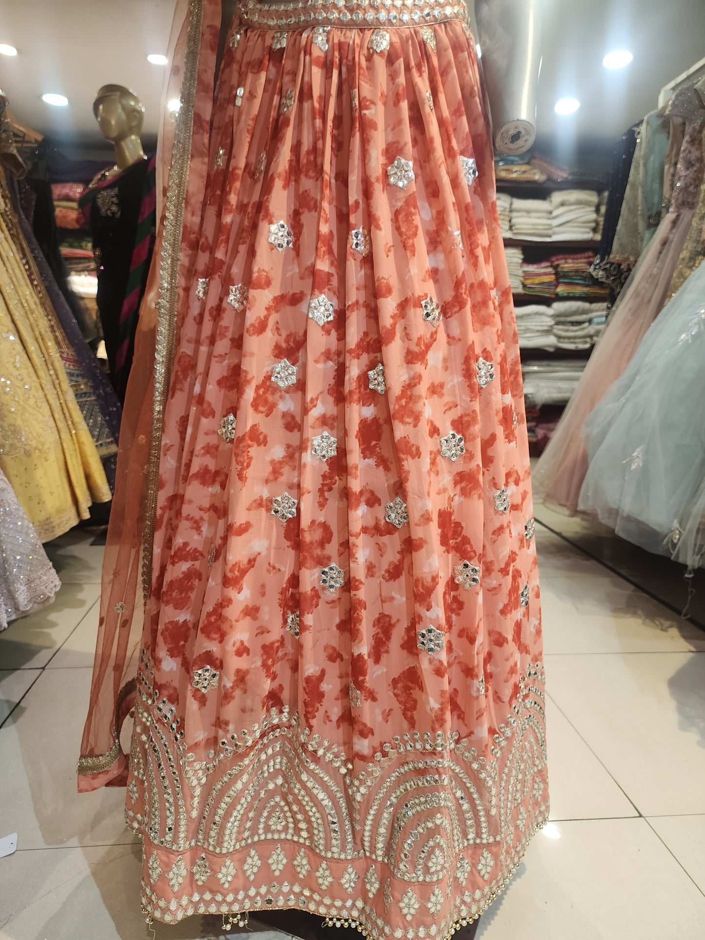 Orange  colour  georgette  lehanga gotta patti work with net dupatta