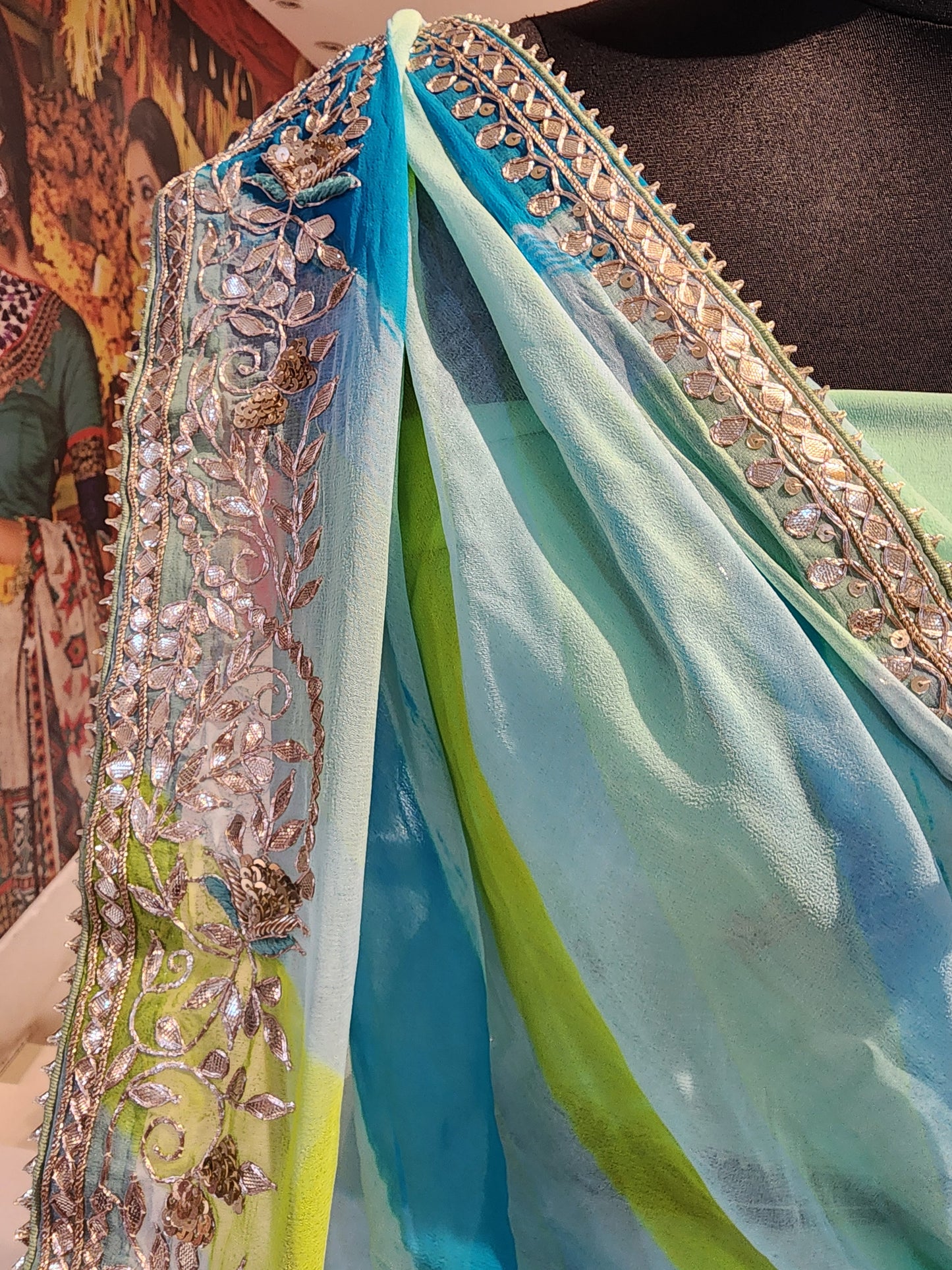 Rajasthani style Lehariya georgette lehenga, gota patti work